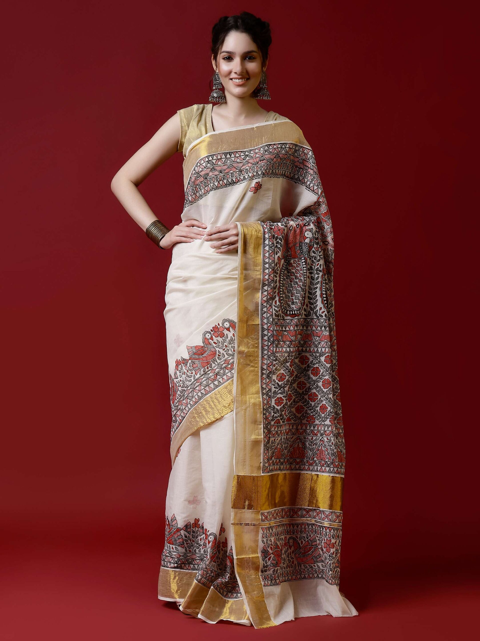 Natural Multicolor Cotton Madhubani Saree - Image 5