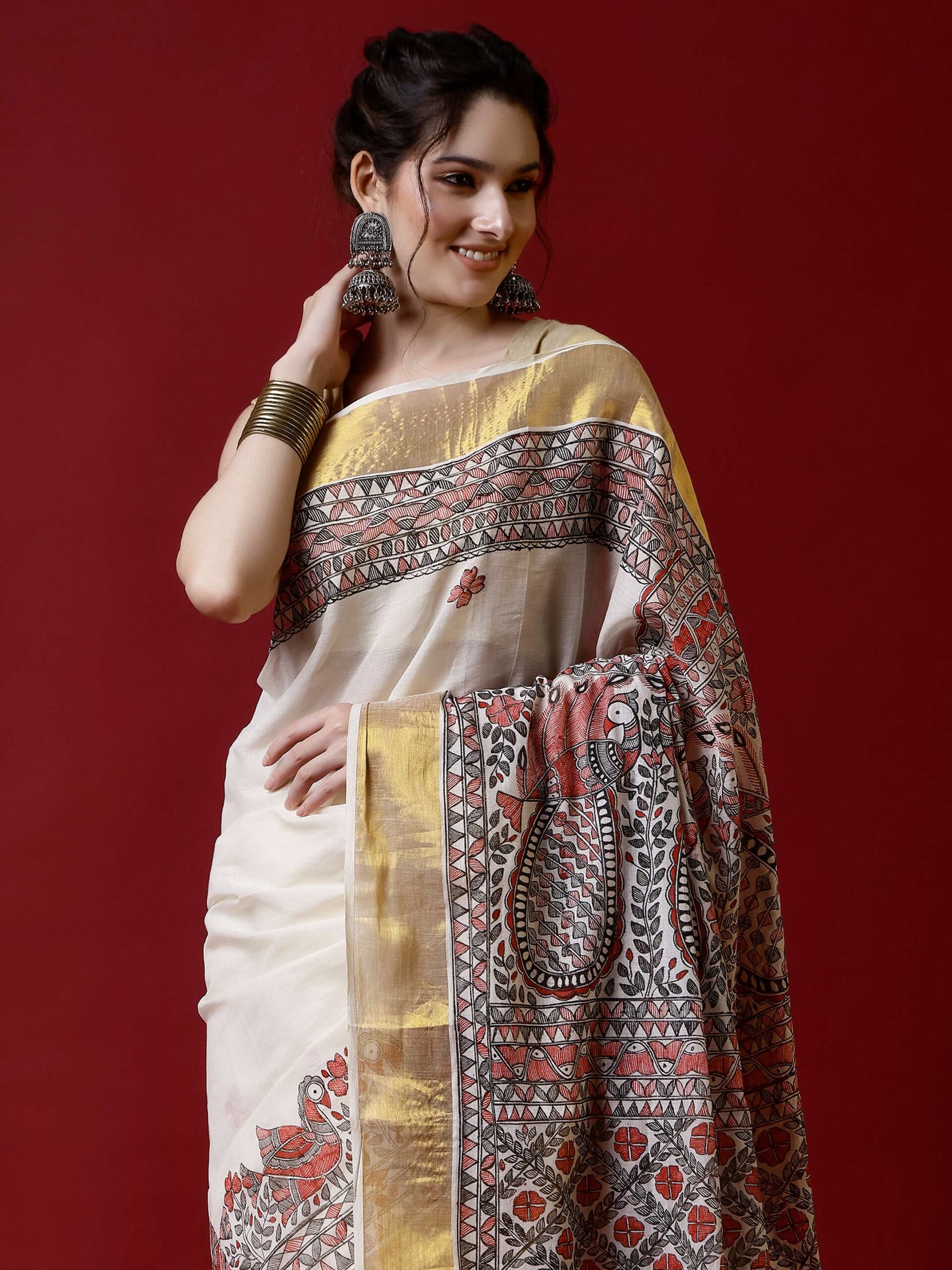 Natural Multicolor Cotton Madhubani Saree - Image 3