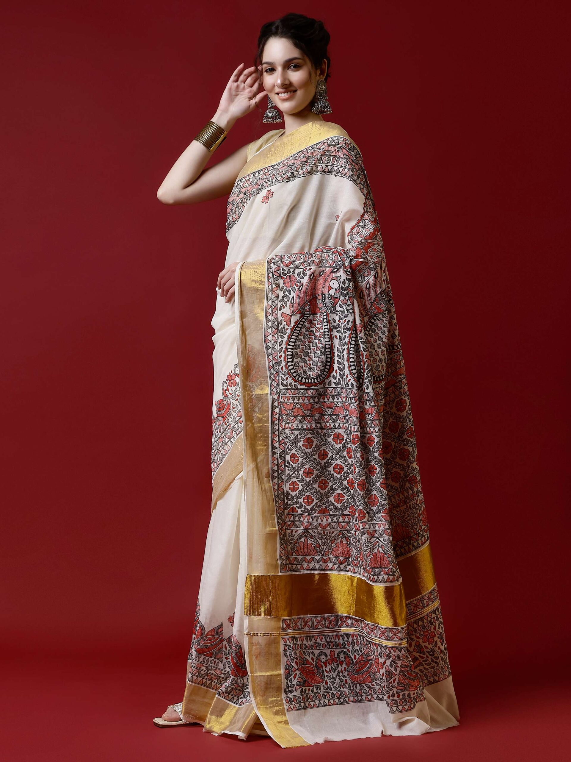 Natural Multicolor Cotton Madhubani Saree - Image 2