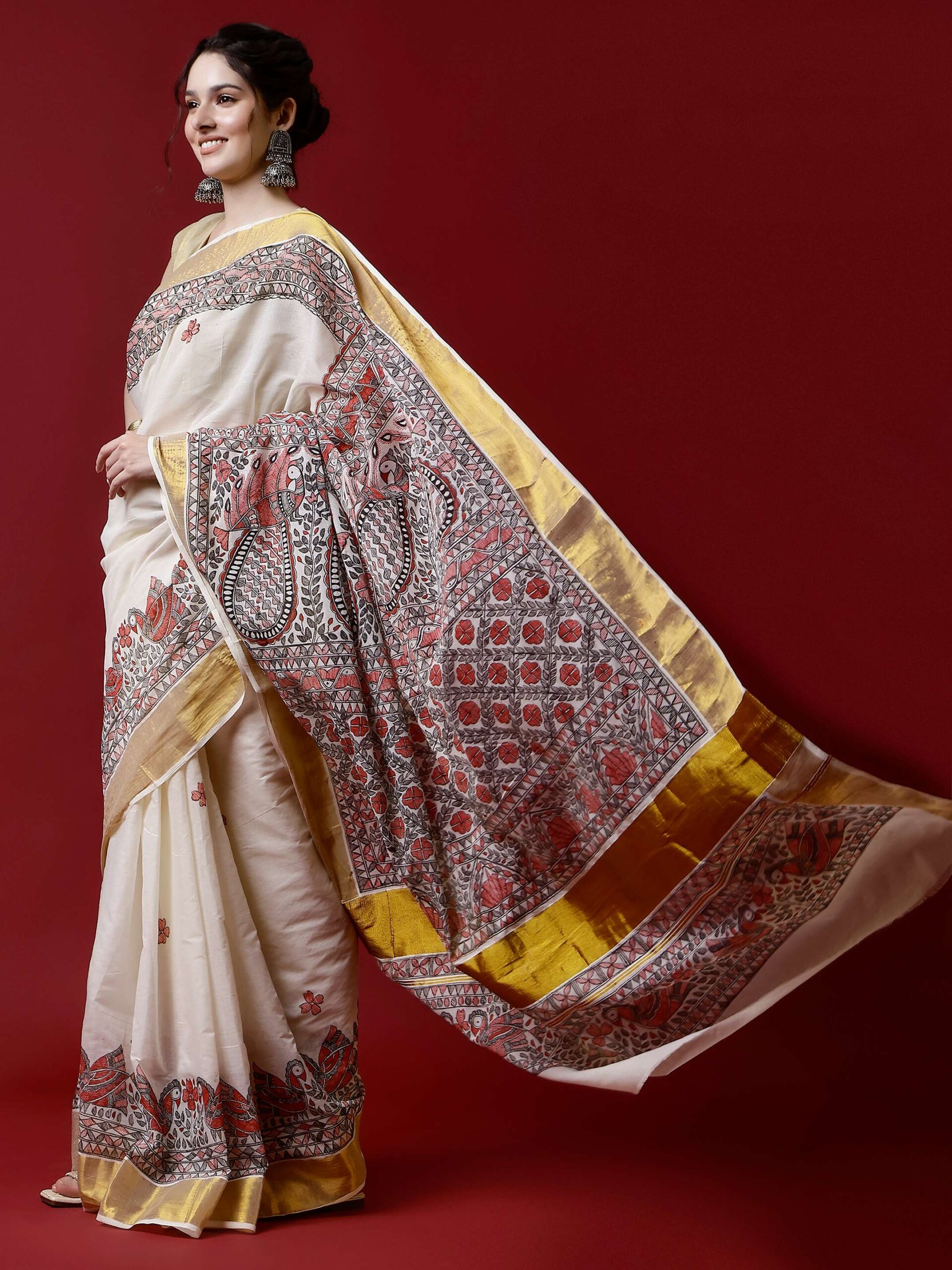 Natural Multicolor Cotton Madhubani Saree