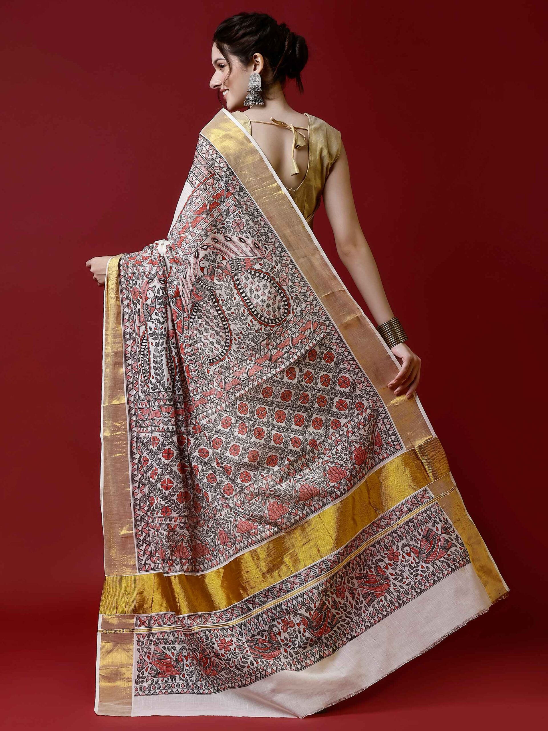 Natural Multicolor Cotton Madhubani Saree - Image 4