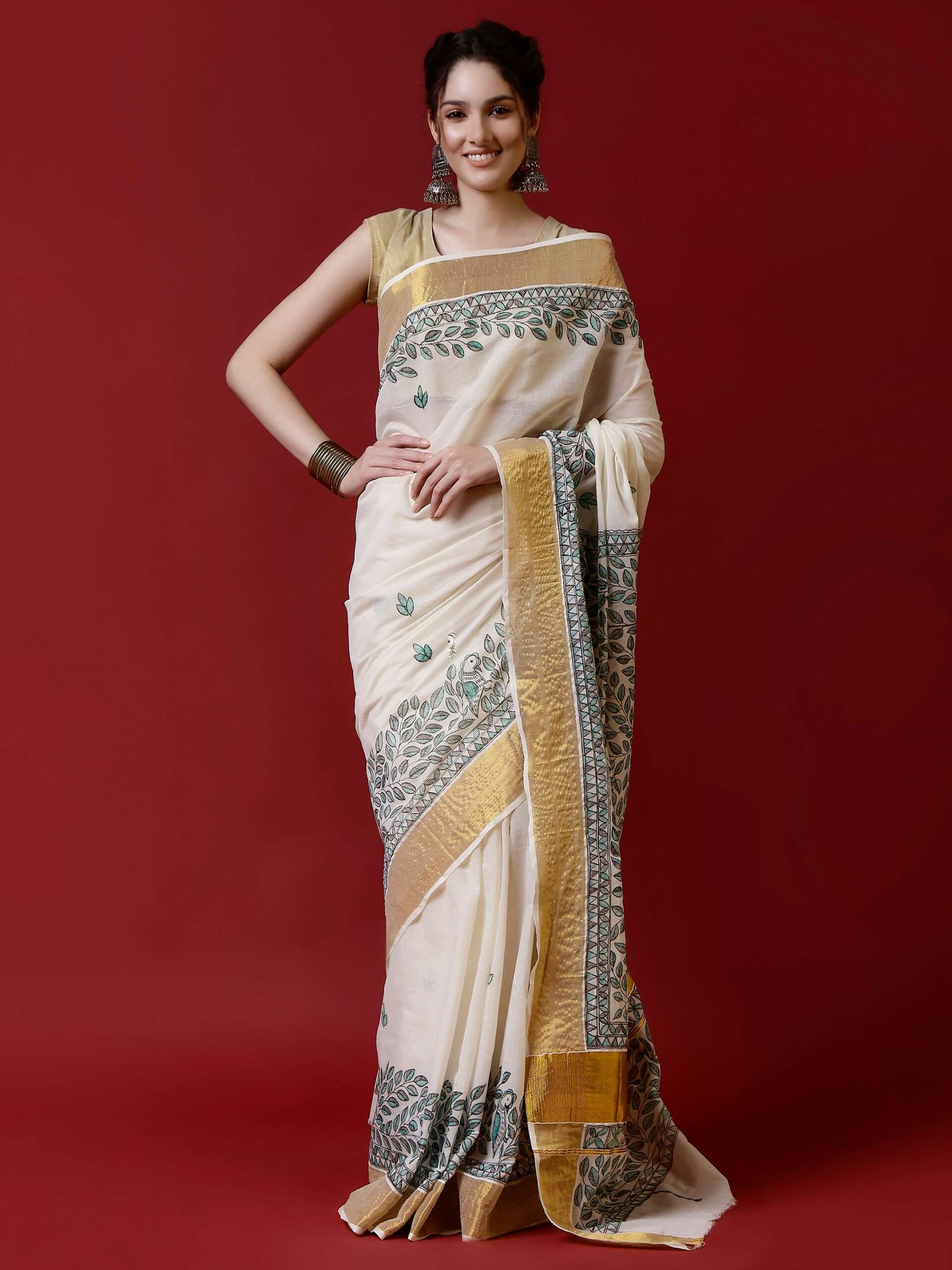 Natural And Green Floral Cotton Madhubani Saree - Image 6