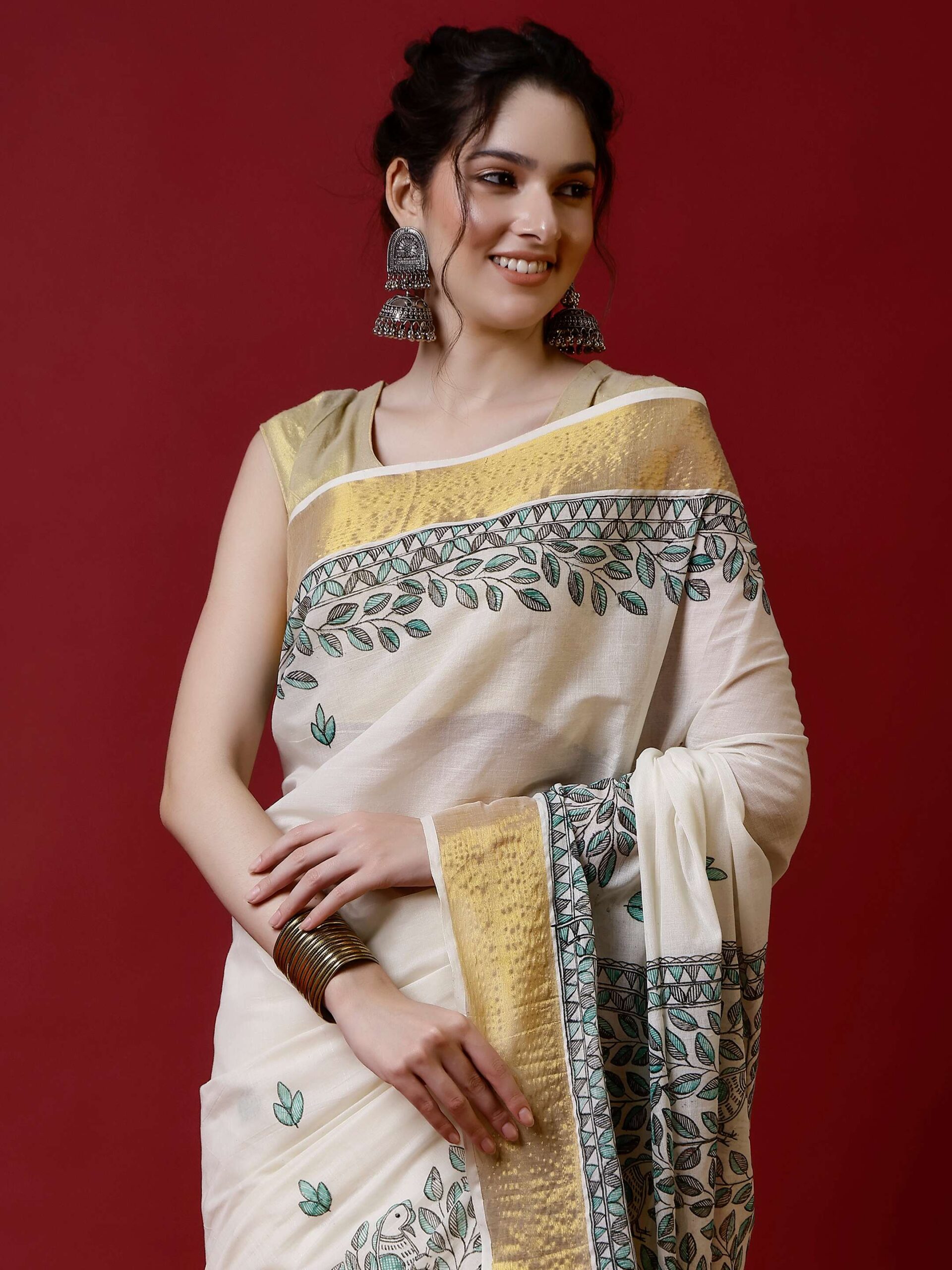 Natural And Green Floral Cotton Madhubani Saree - Image 5