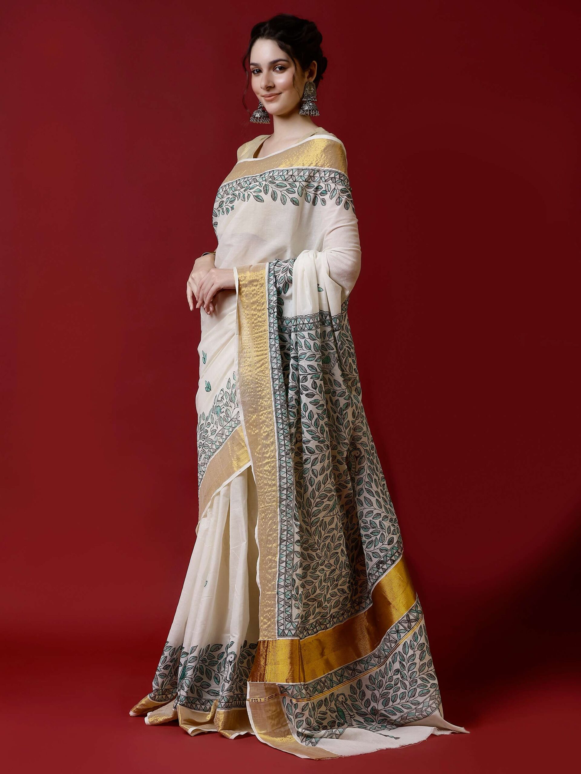 Natural And Green Floral Cotton Madhubani Saree - Image 2