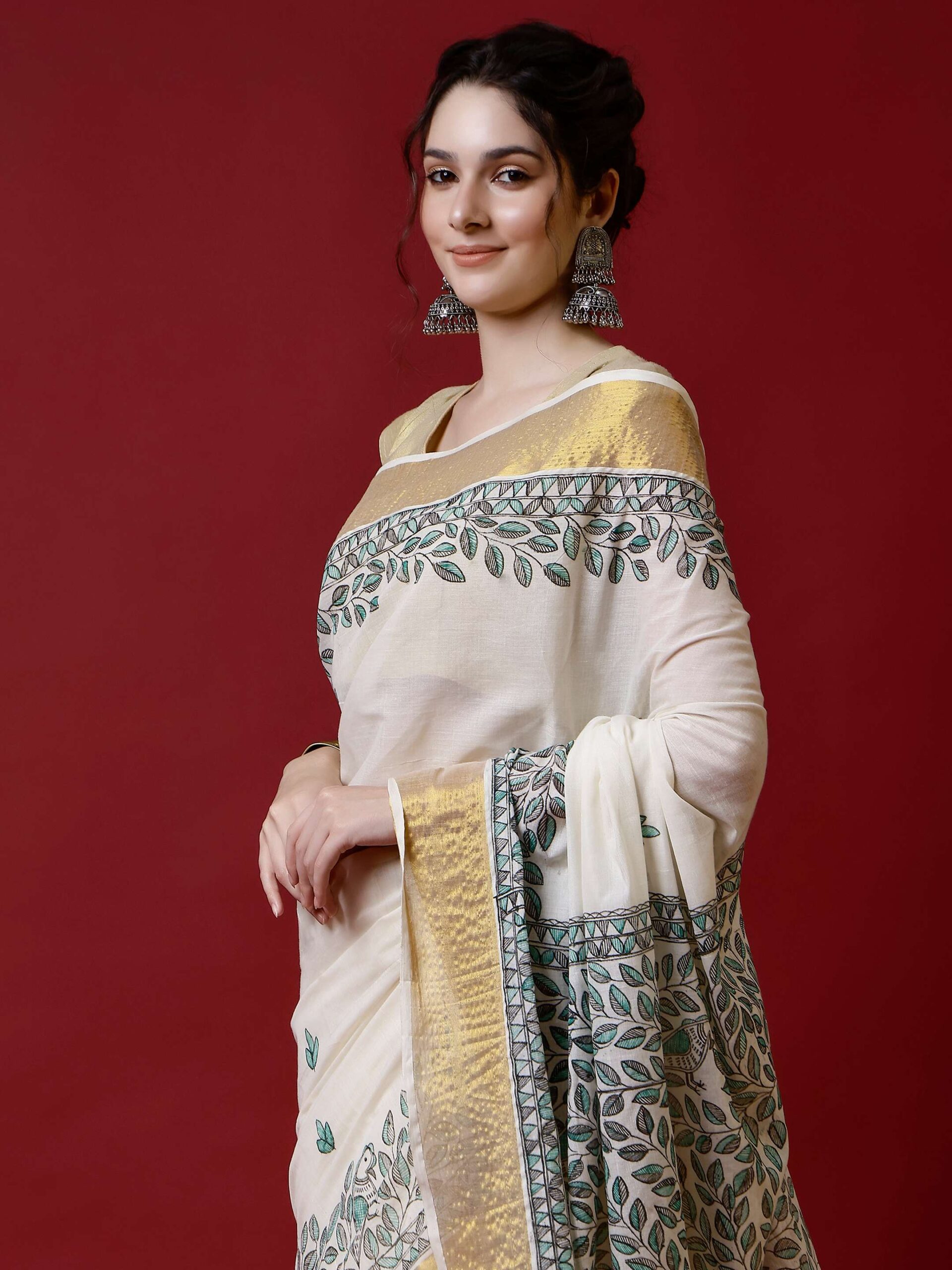 Natural And Green Floral Cotton Madhubani Saree - Image 4