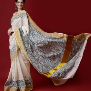 Natural And Green Floral Cotton Madhubani Saree