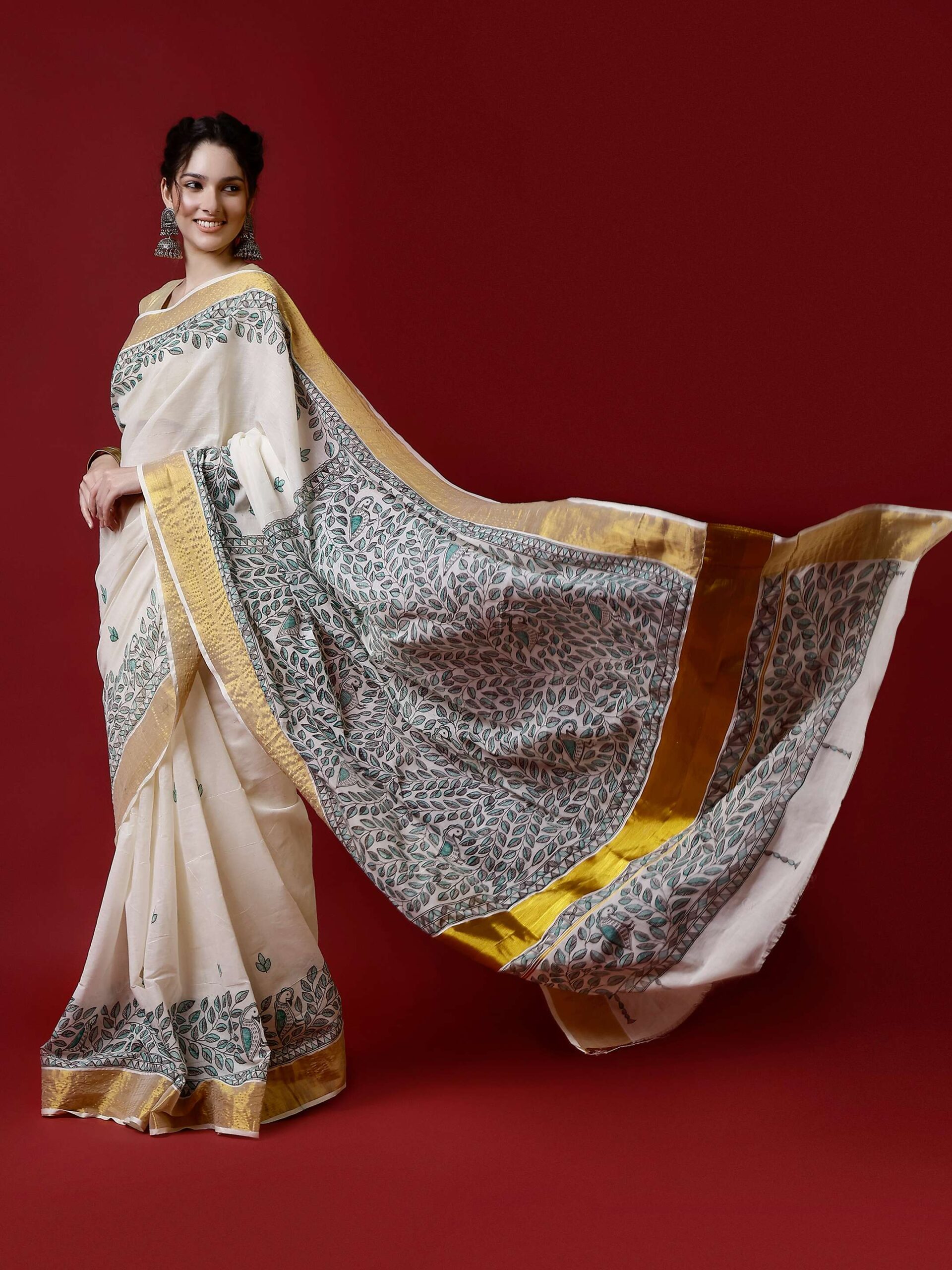 Natural And Green Floral Cotton Madhubani Saree