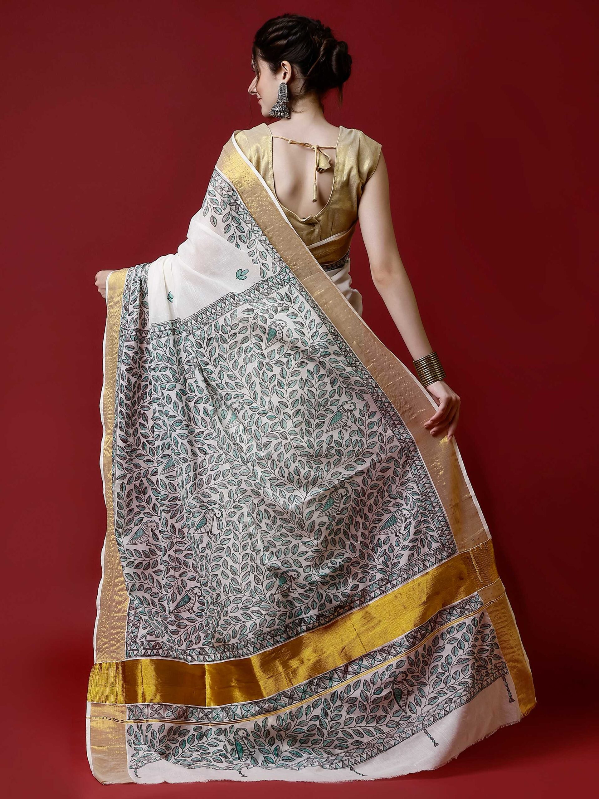 Natural And Green Floral Cotton Madhubani Saree - Image 3