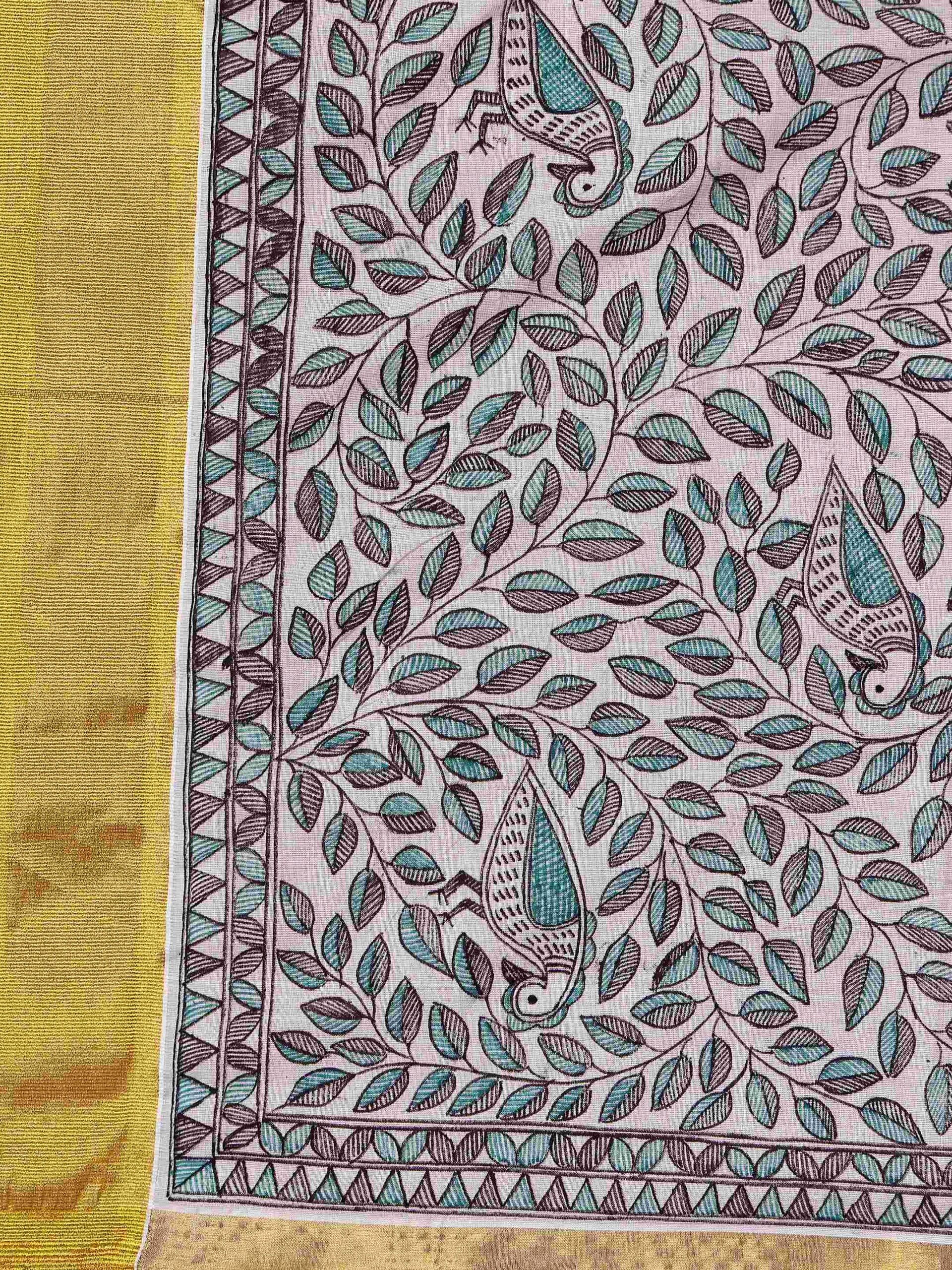 Natural And Green Floral Cotton Madhubani Saree - Image 8