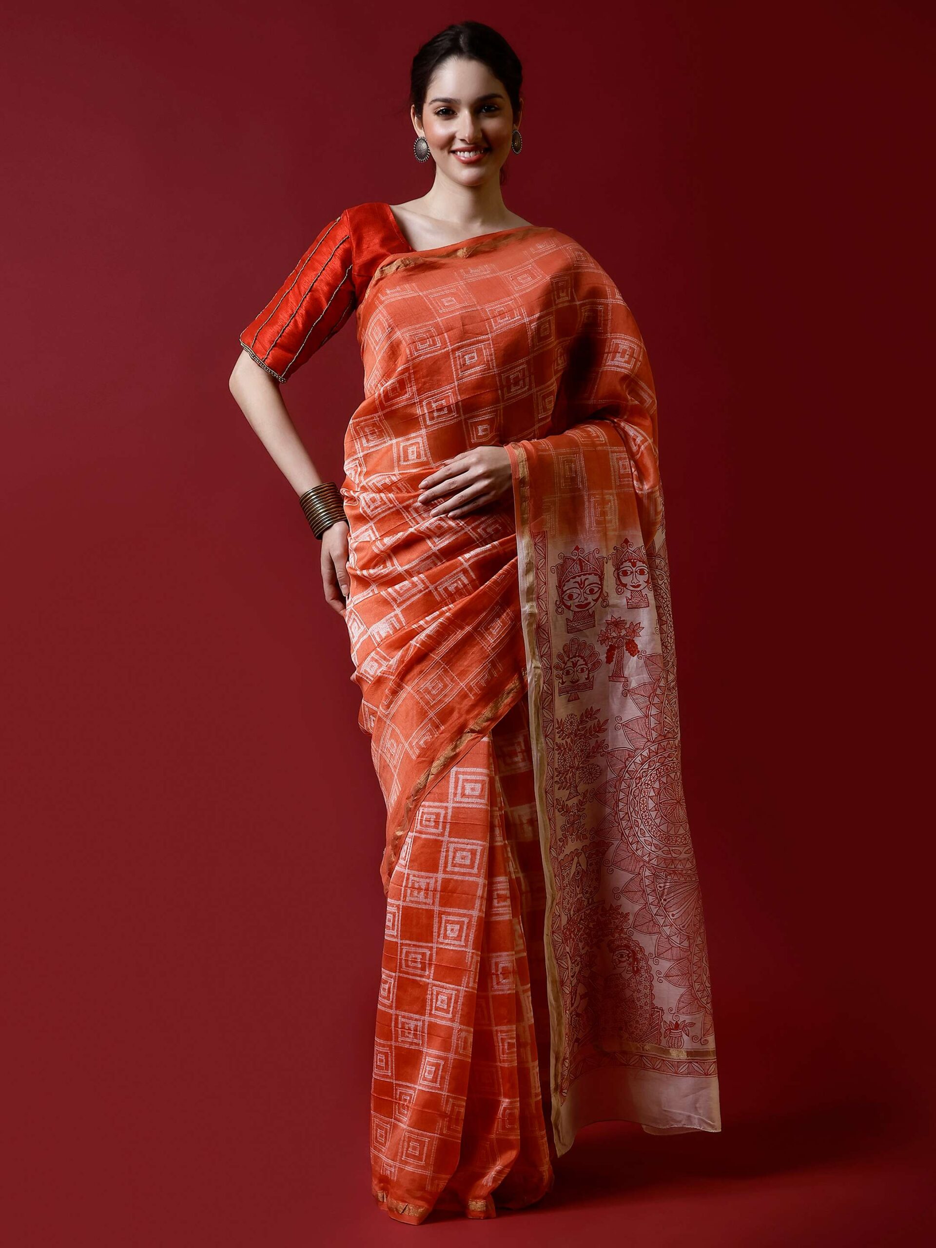Red Madhubani & Shibori Chanderi Saree - Image 2