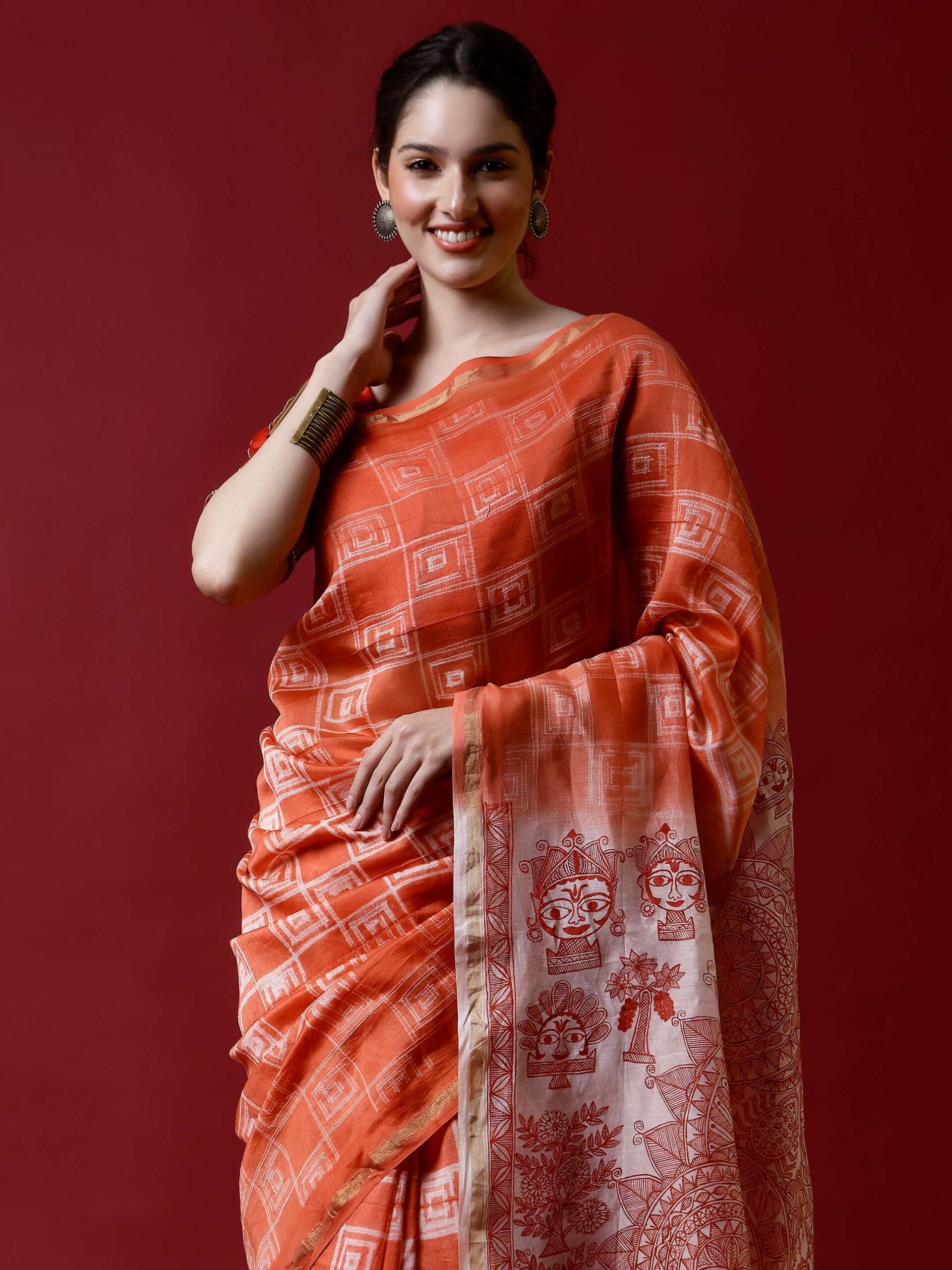 Red Madhubani & Shibori Chanderi Saree - Image 5