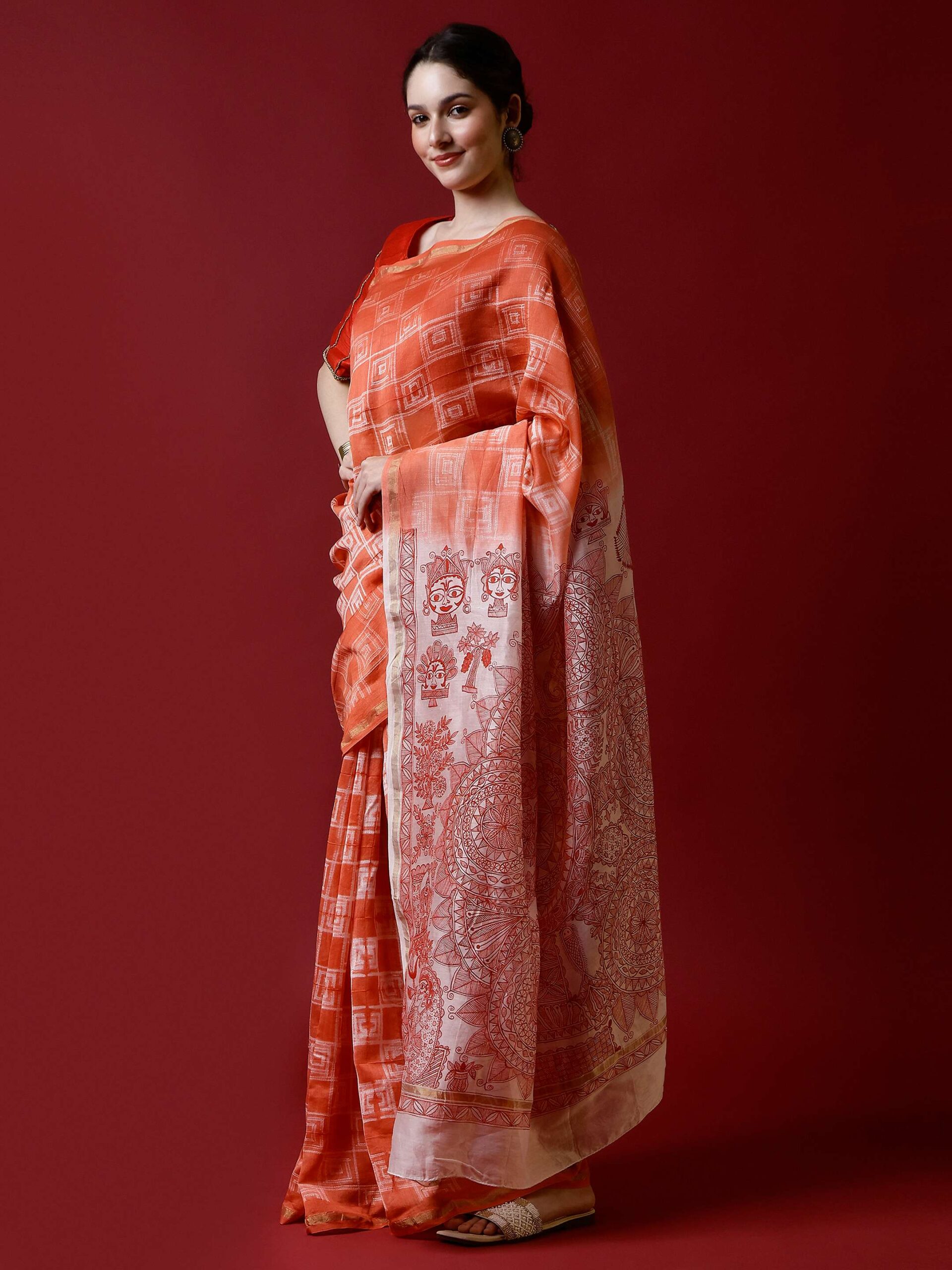 Red Madhubani & Shibori Chanderi Saree - Image 4