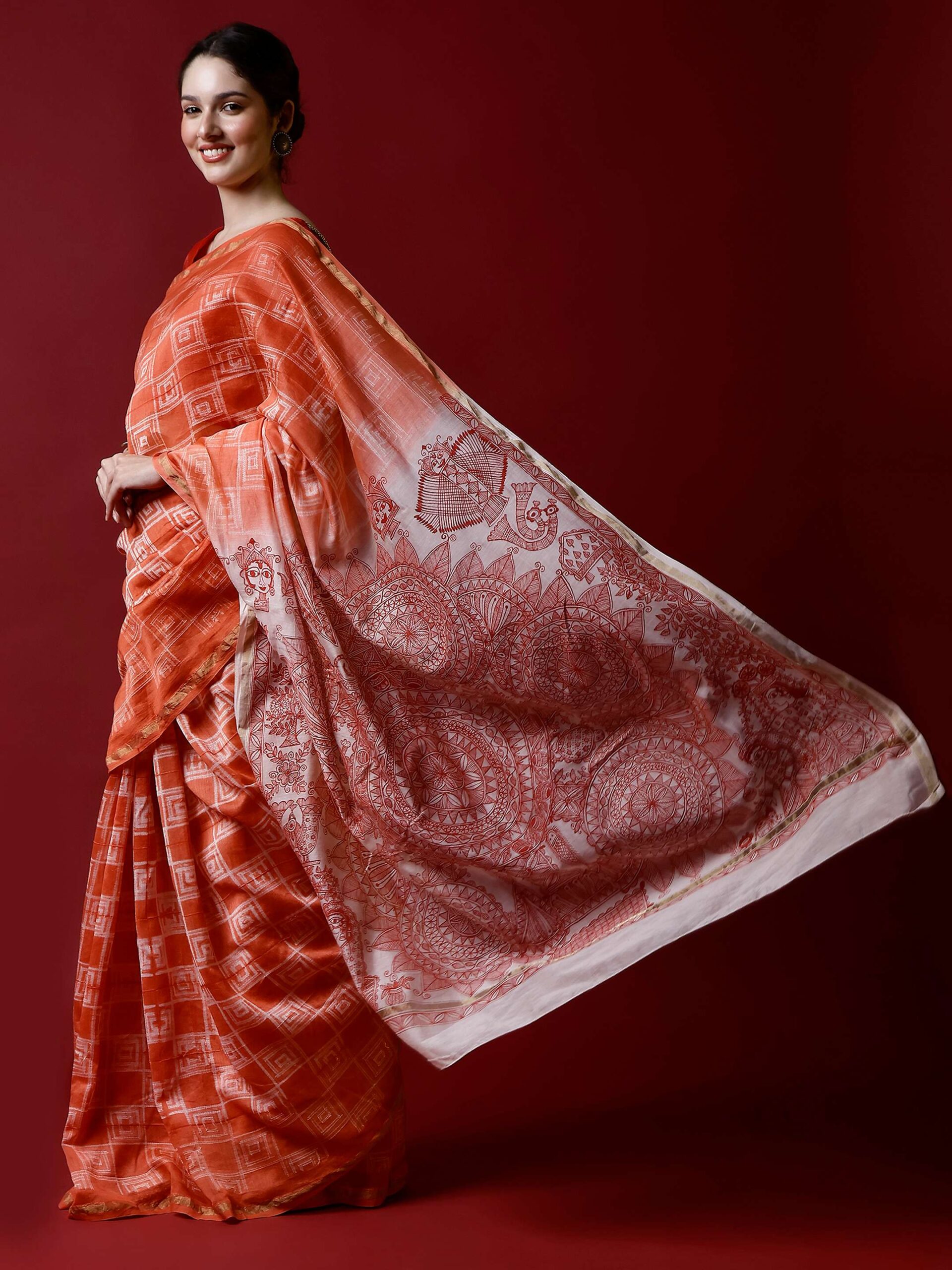 Red Madhubani & Shibori Chanderi Saree
