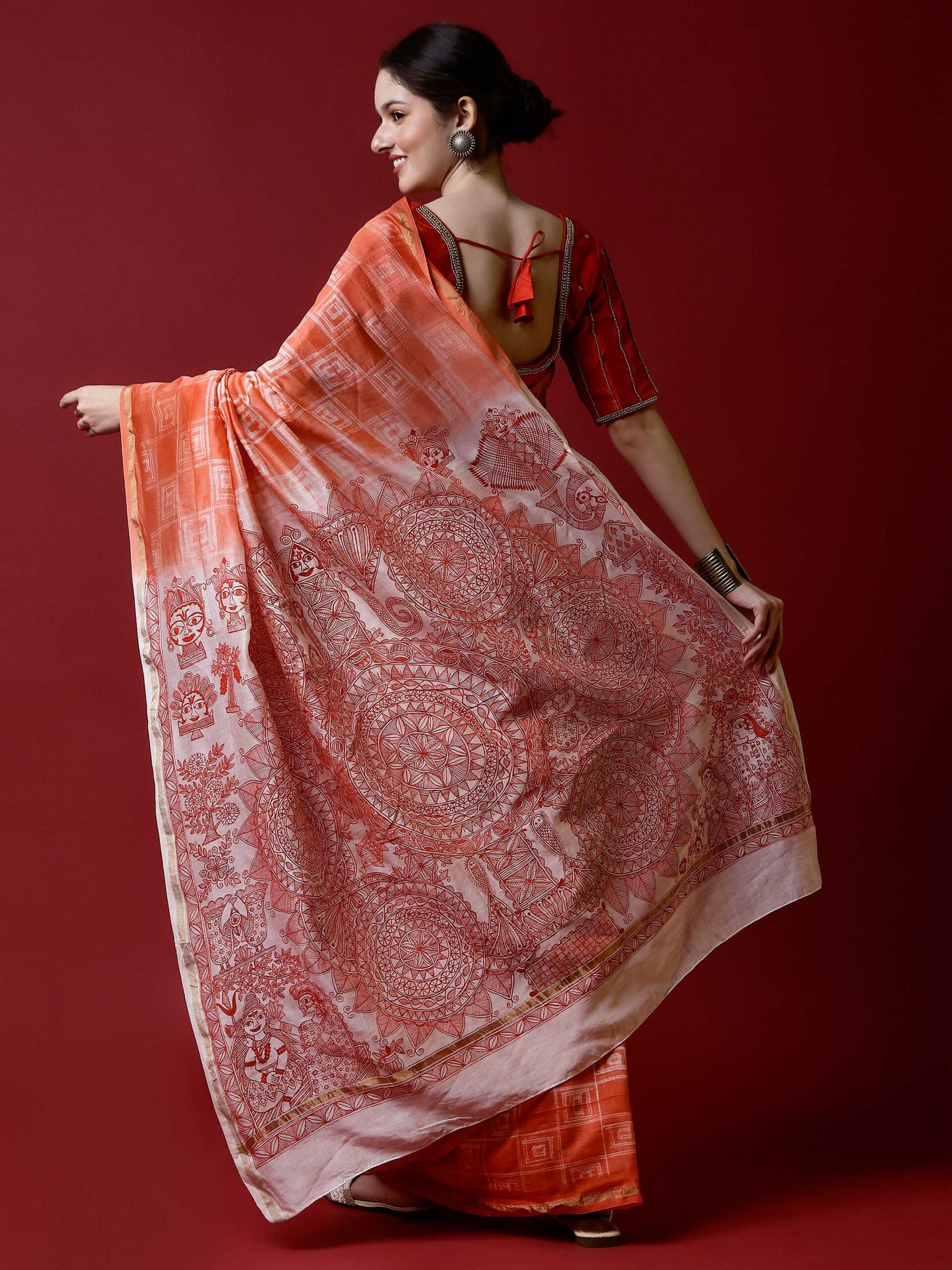 Red Madhubani & Shibori Chanderi Saree - Image 3