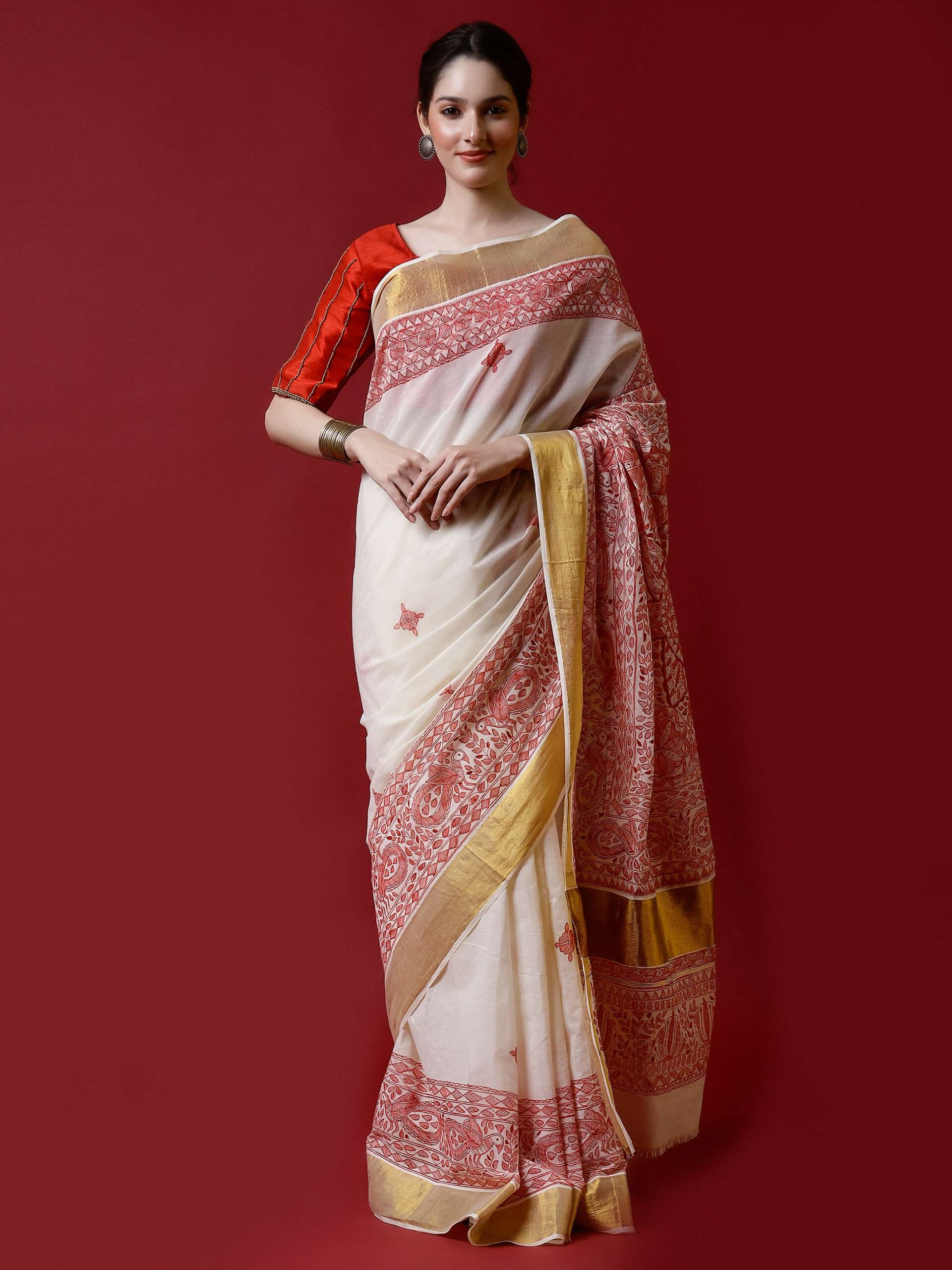 Natural And Red Cotton Madhubani Saree - Image 5