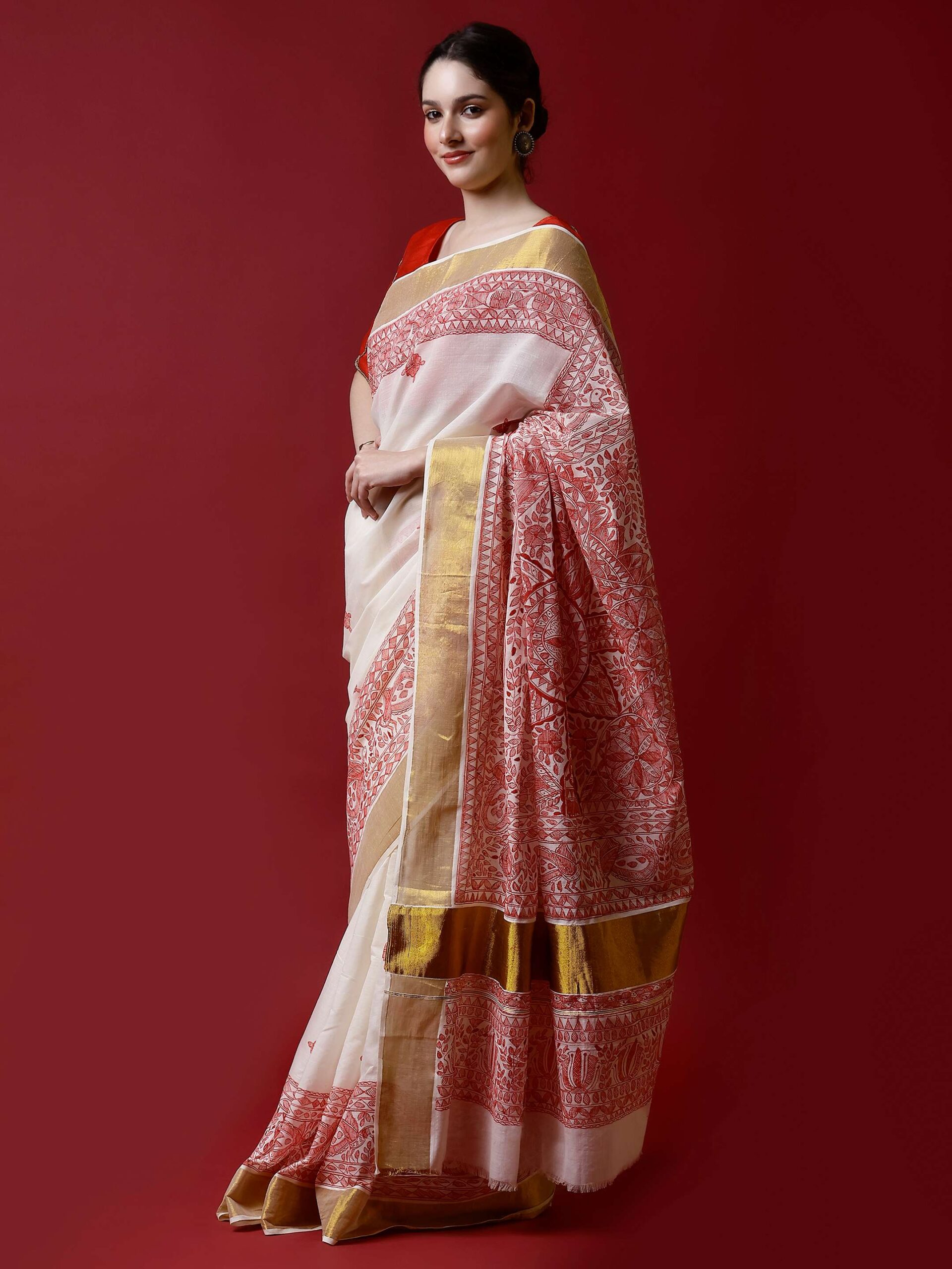 Natural And Red Cotton Madhubani Saree - Image 3