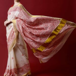 Natural And Red Cotton Madhubani Saree