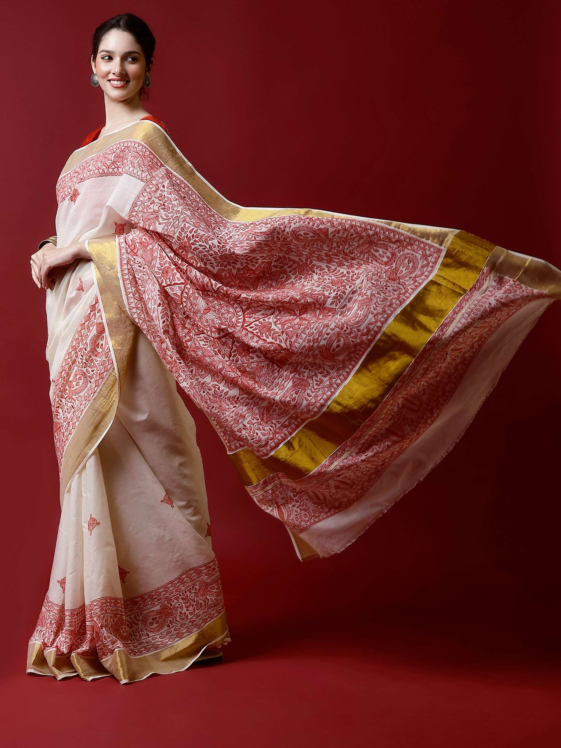 Natural And Red Cotton Madhubani Saree