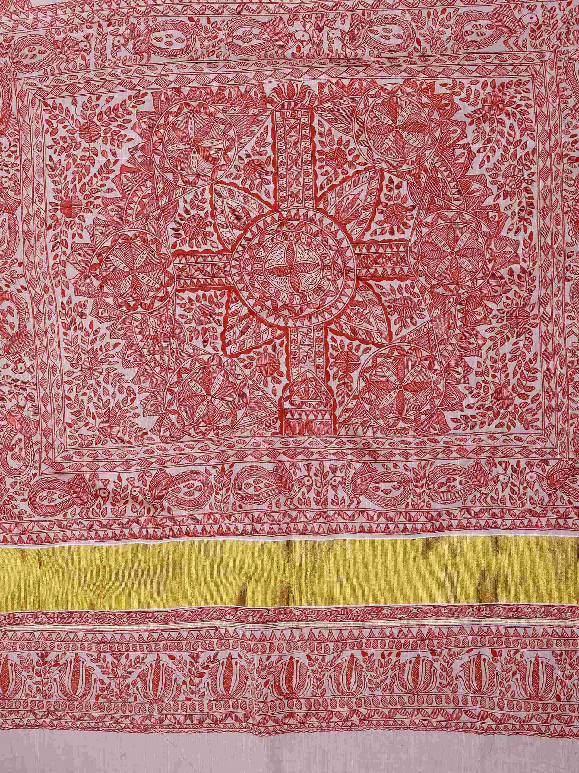 Natural And Red Cotton Madhubani Saree - Image 6