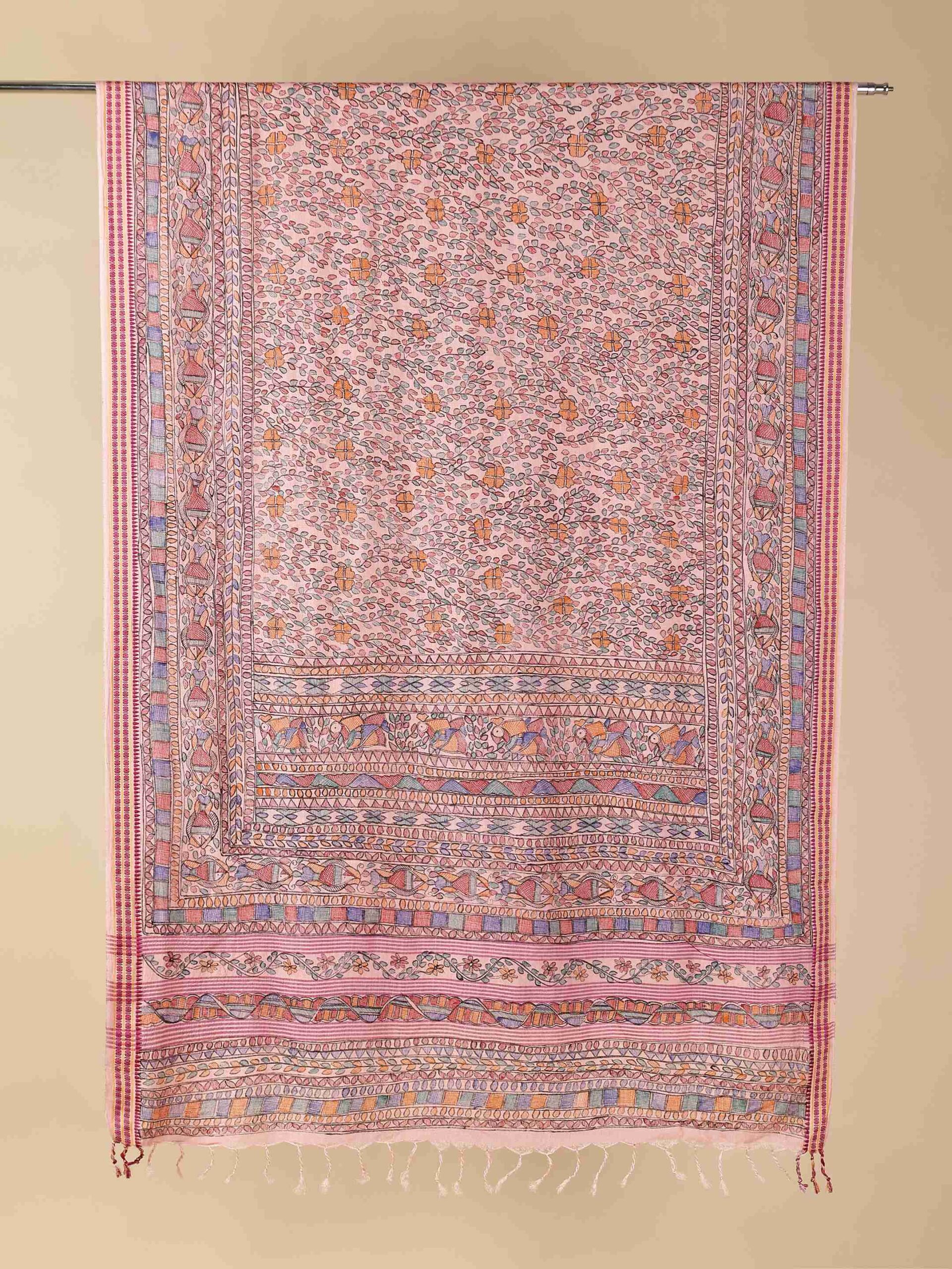 Pink Full Work Cotton Silk Hand-Painted Madhubani Dupatta