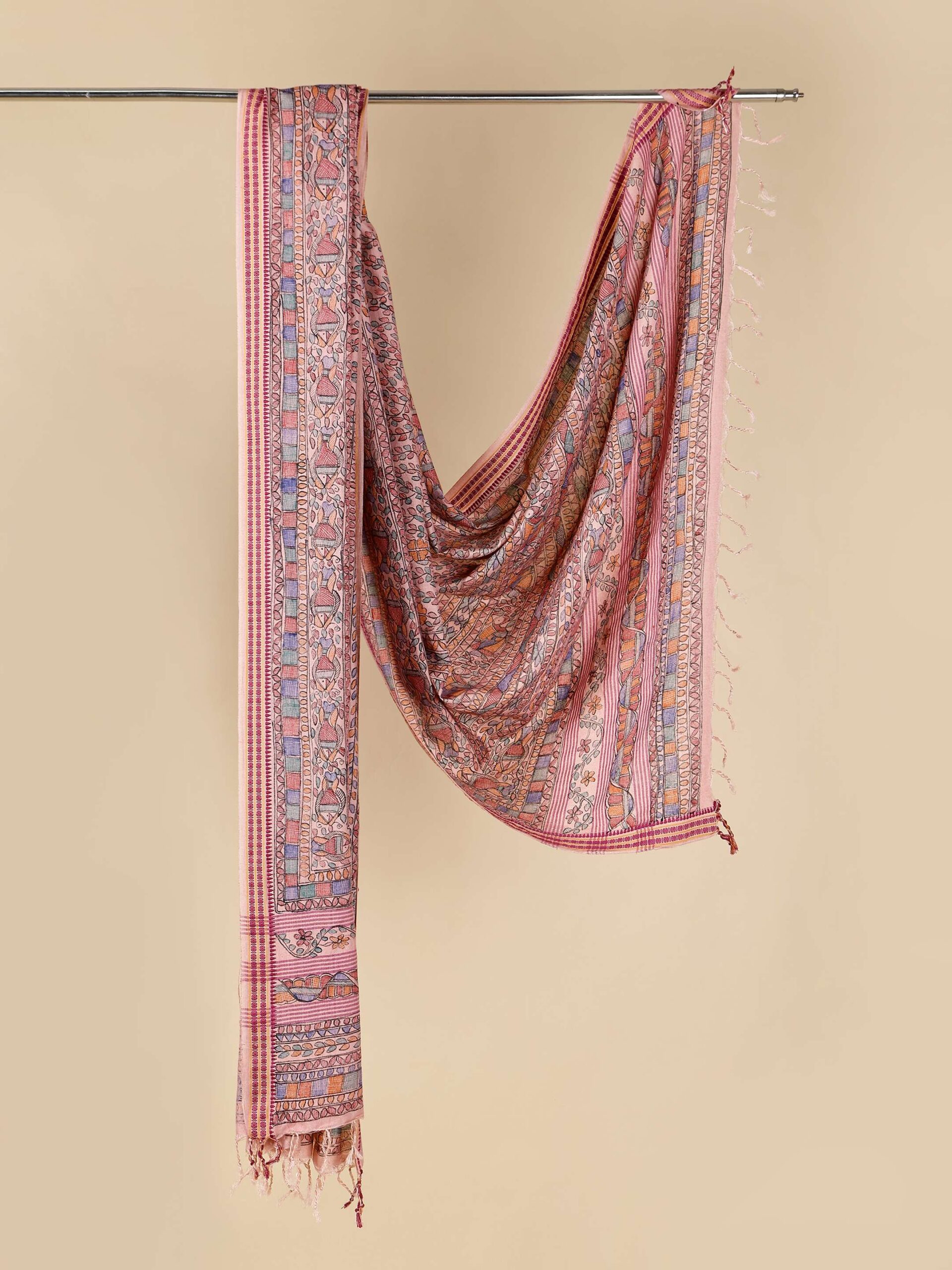 Pink Full Work Cotton Silk Hand-Painted Madhubani Dupatta - Image 3