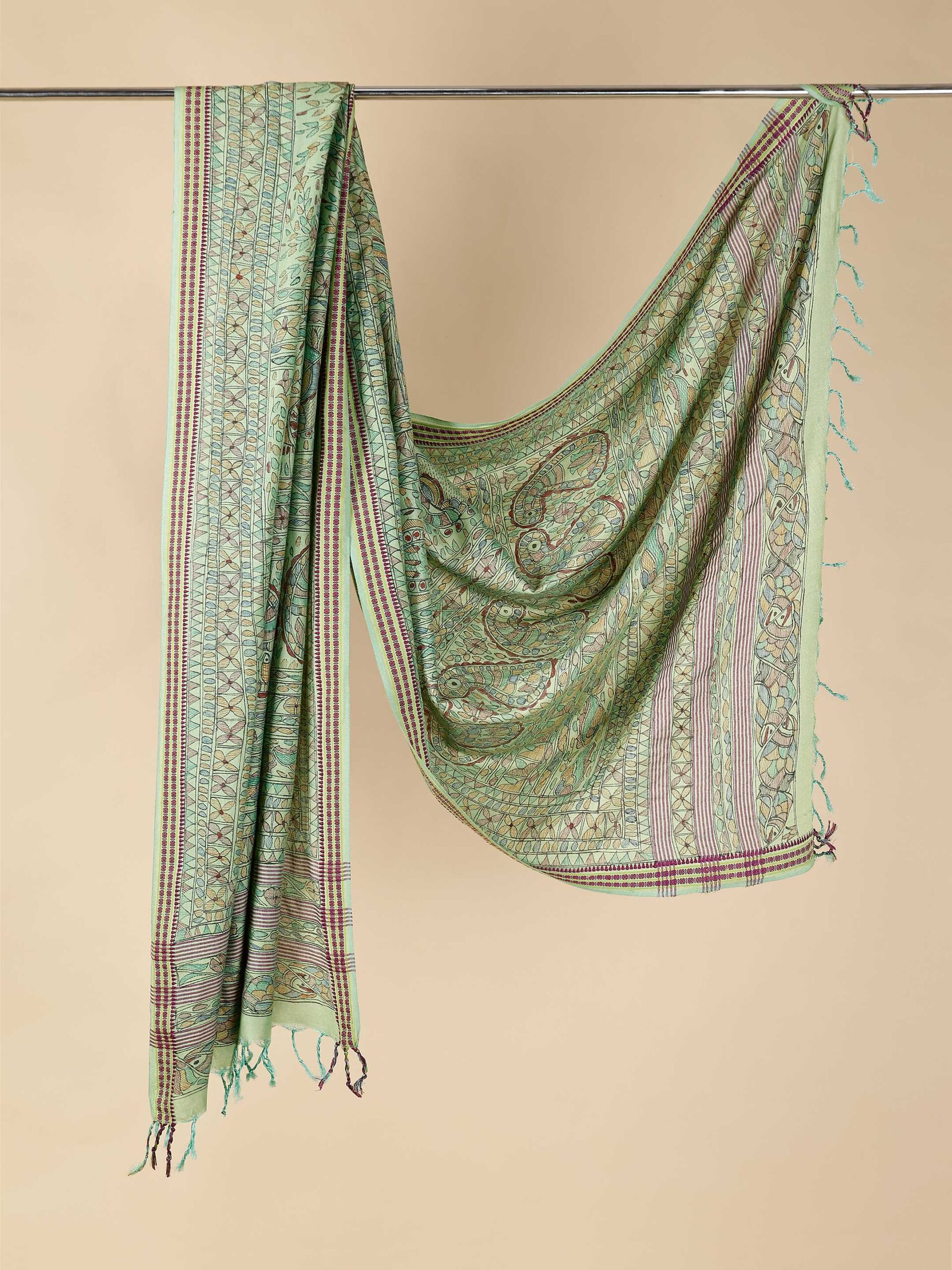 Green Full Work Cotton Silk Hand-Painted Madhubani Dupatta - Image 3