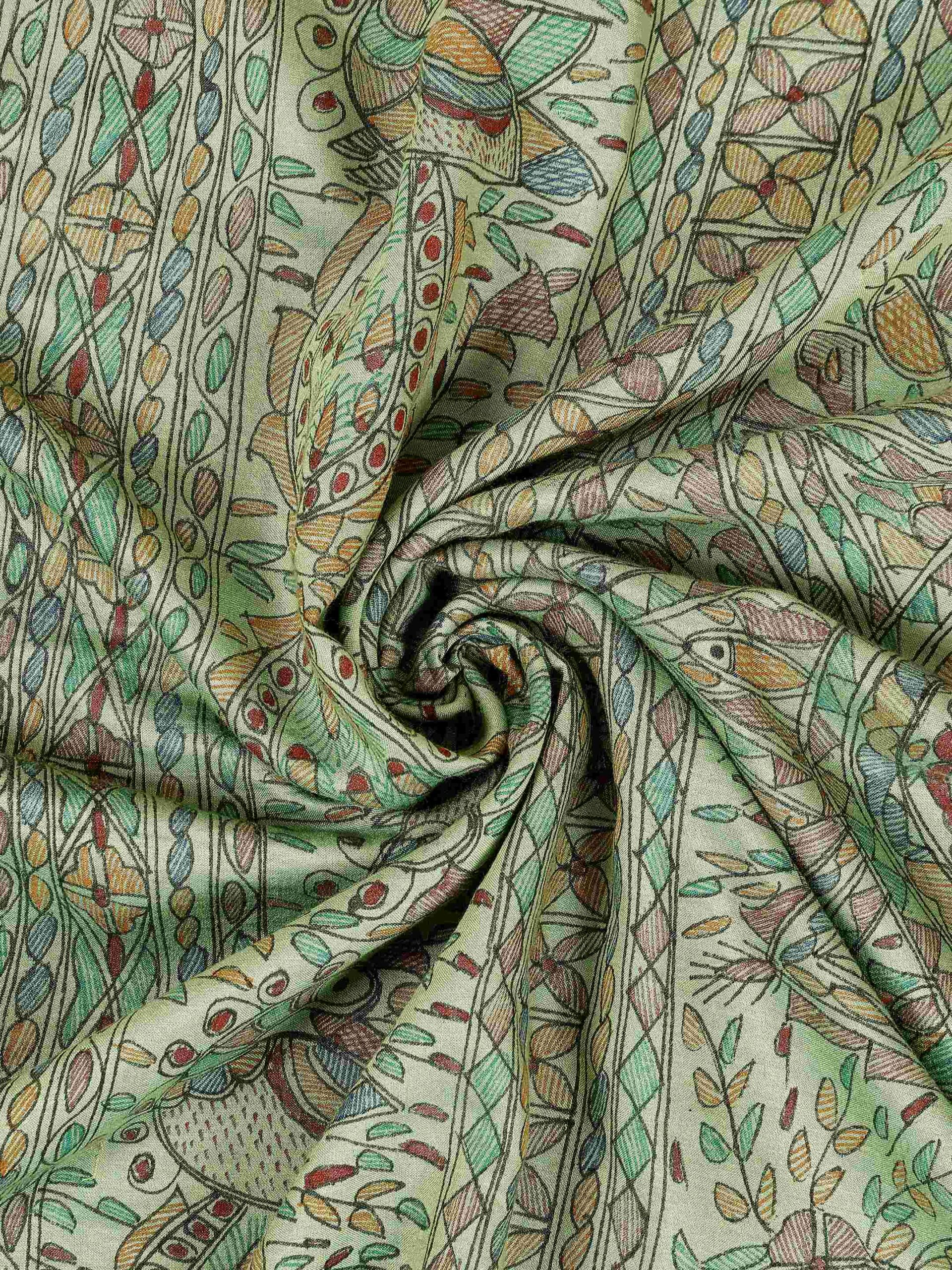 Green Full Work Cotton Silk Hand-Painted Madhubani Dupatta - Image 2