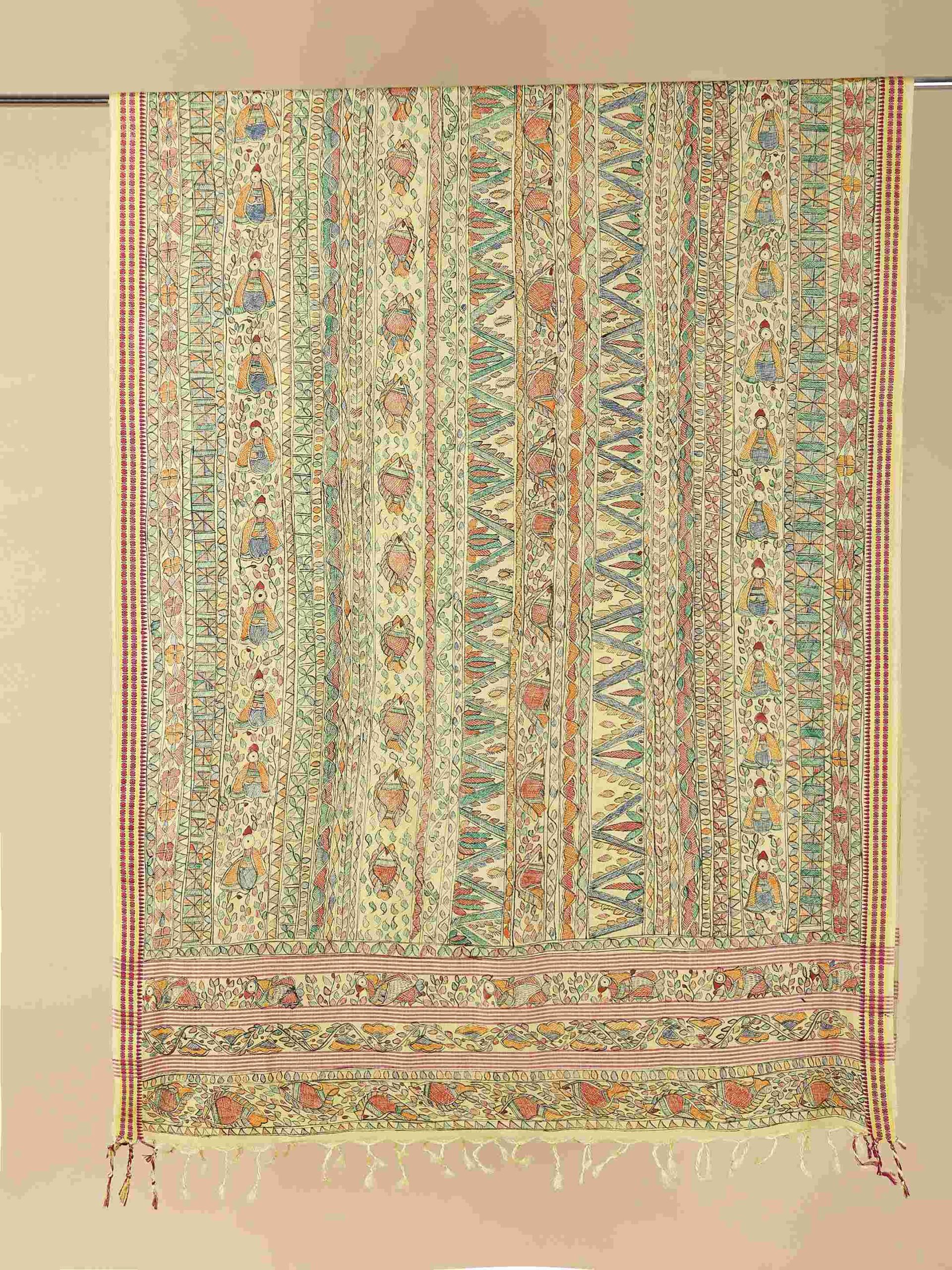 Yellow Full Work Cotton Silk Hand-Painted Madhubani Dupatta