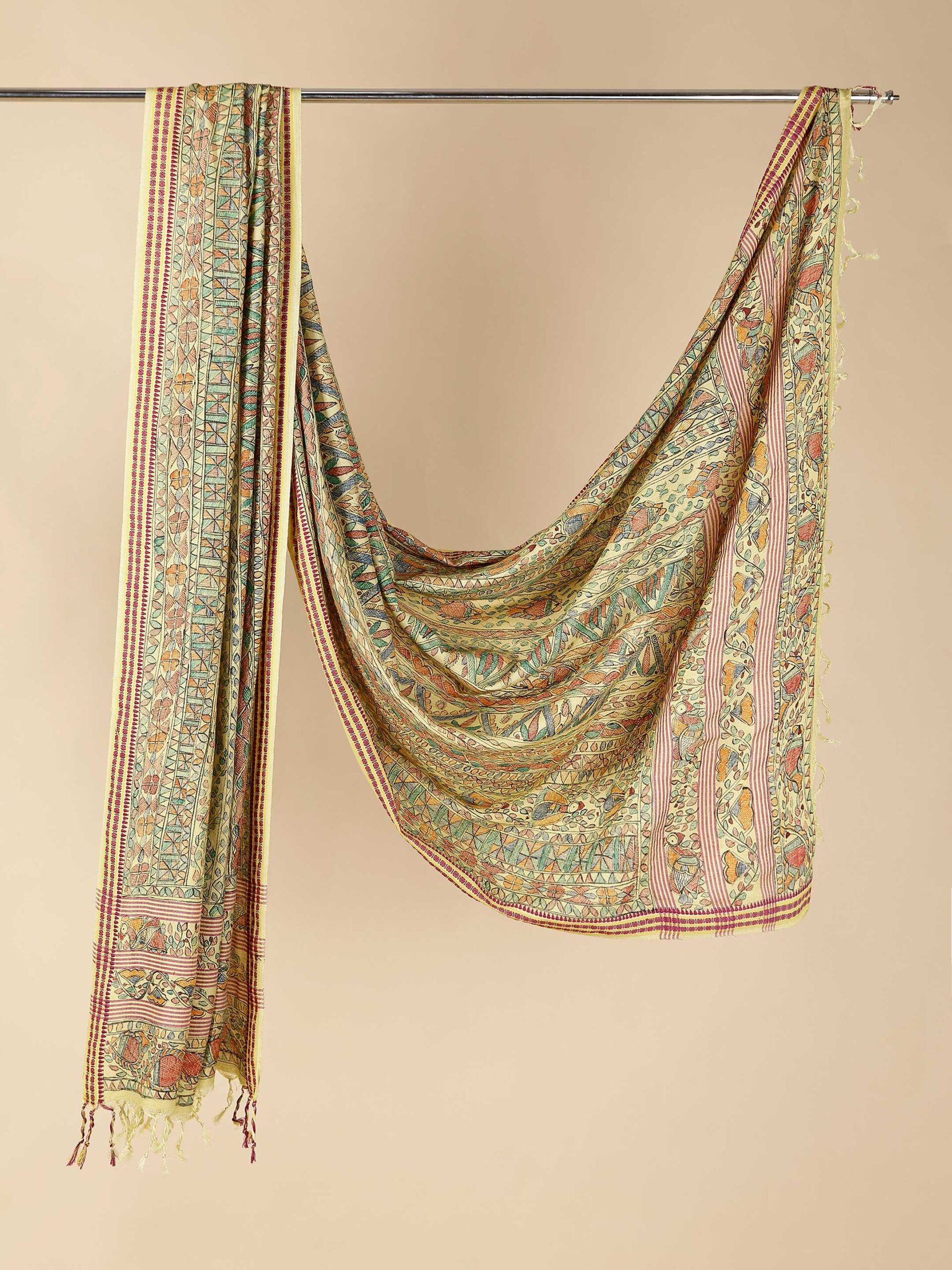 Yellow Full Work Cotton Silk Hand-Painted Madhubani Dupatta - Image 3