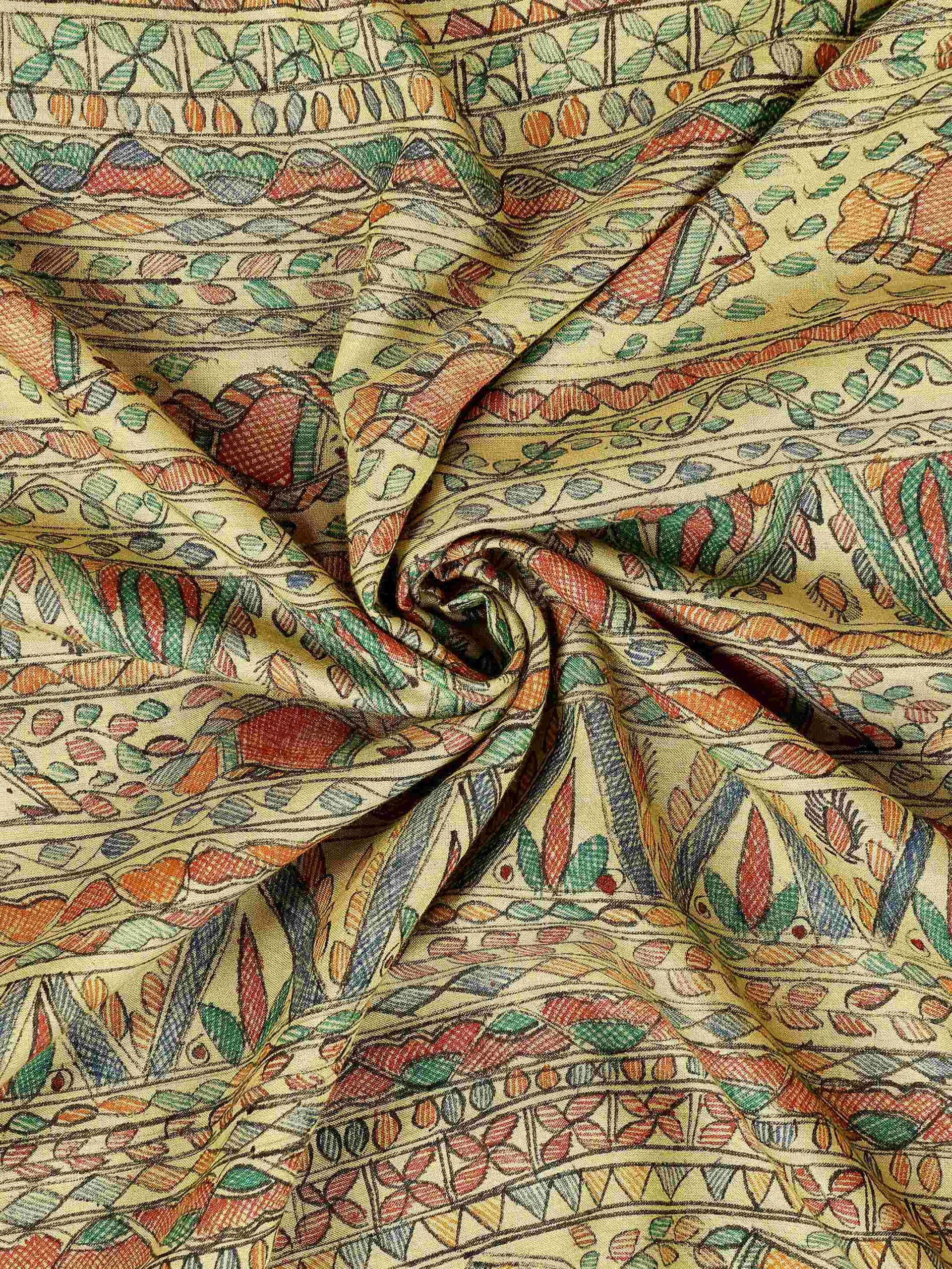 Yellow Full Work Cotton Silk Hand-Painted Madhubani Dupatta - Image 2