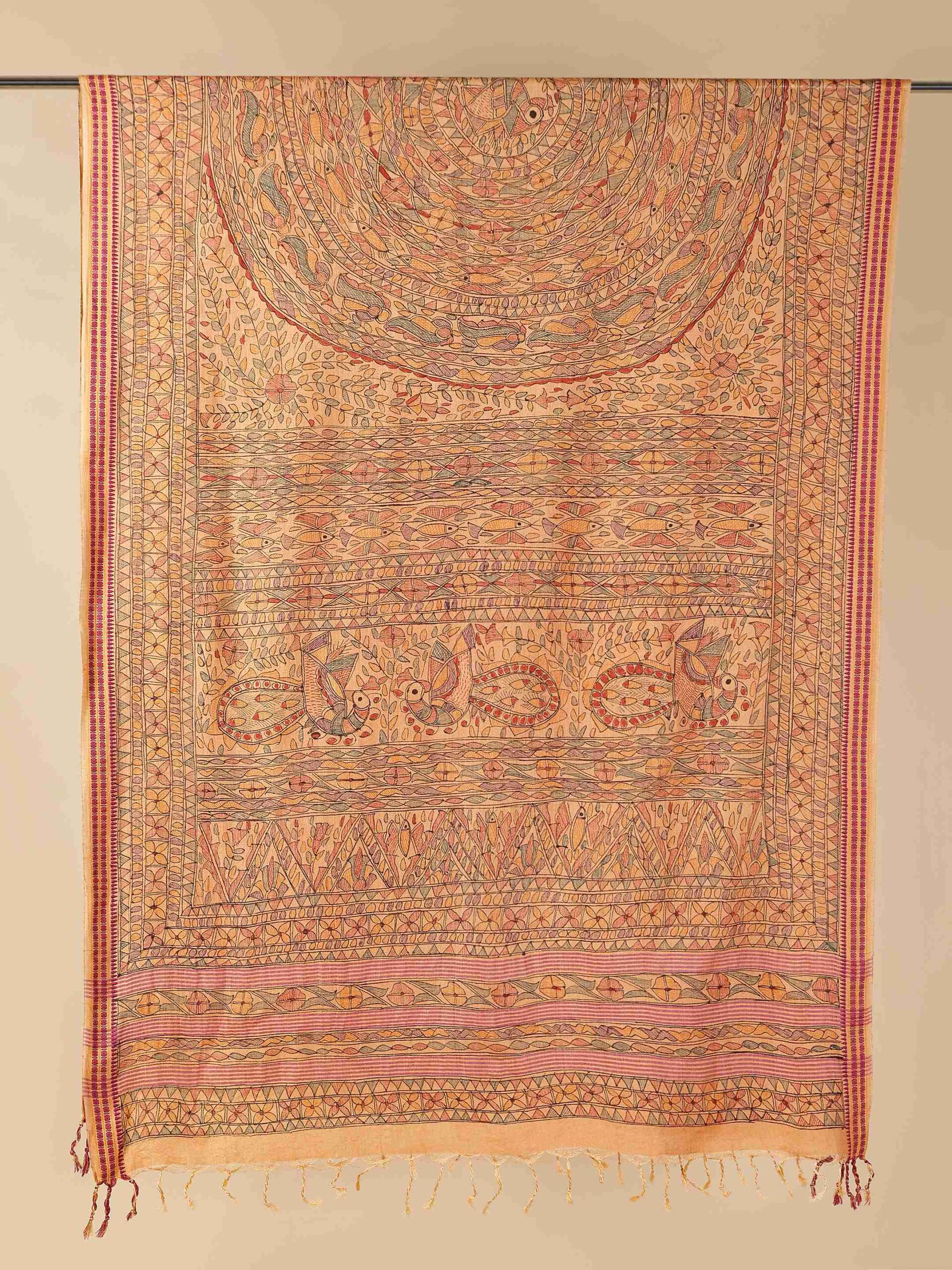 Orange Full Work Cotton Silk Hand-Painted Madhubani Dupatta
