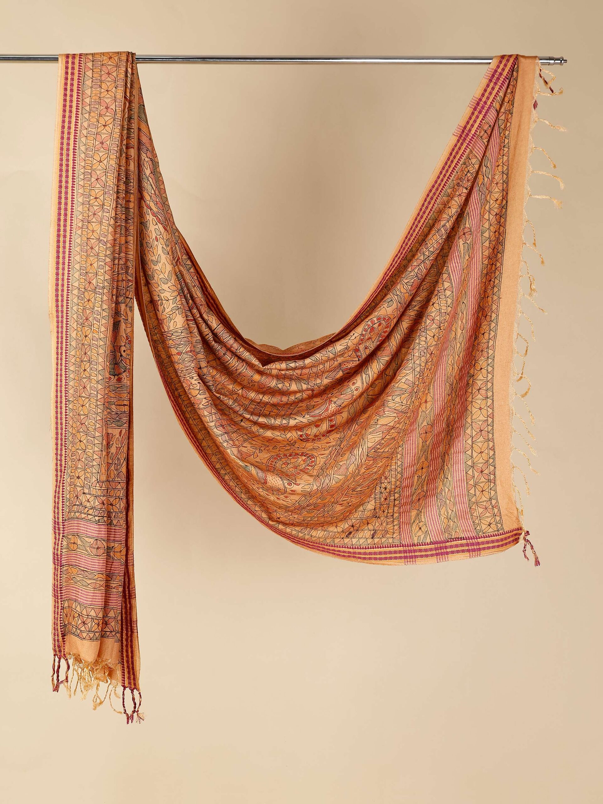 Orange Full Work Cotton Silk Hand-Painted Madhubani Dupatta - Image 3