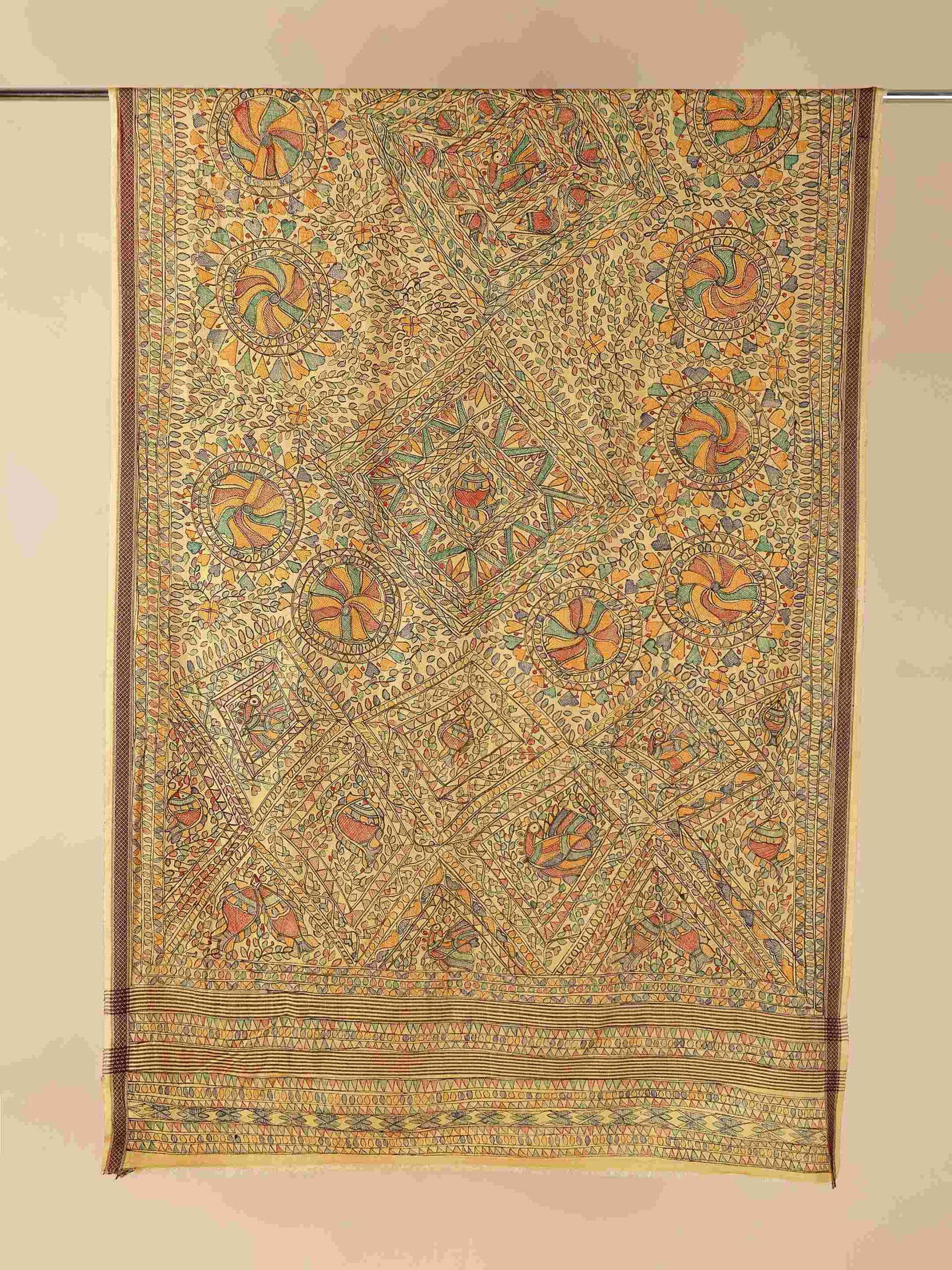 Yellow Full Work Cotton Silk Hand-Painted Madhubani Dupatta