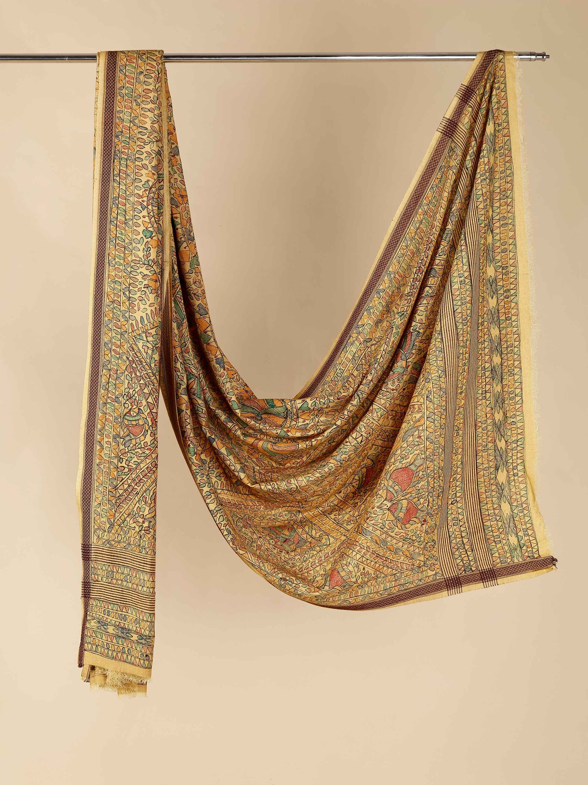 Yellow Full Work Cotton Silk Hand-Painted Madhubani Dupatta - Image 3