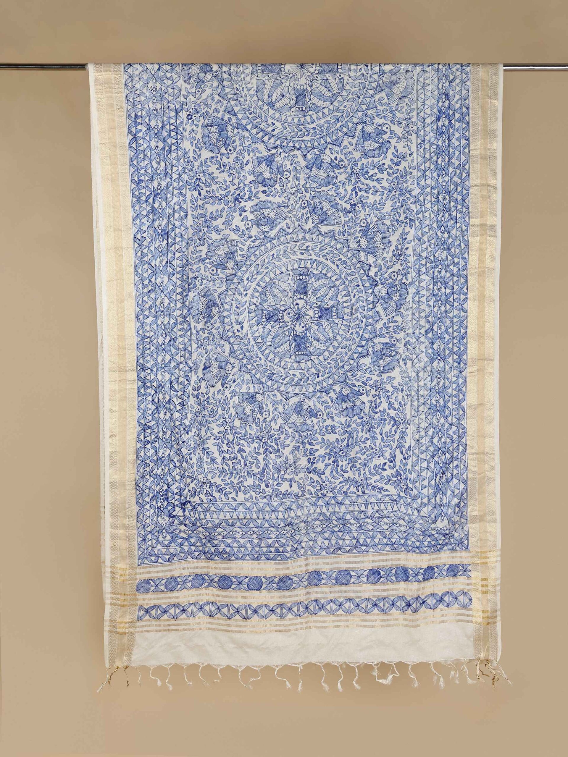 Beige Full Work Tussar Silk Hand-Painted Madhubani Dupatta