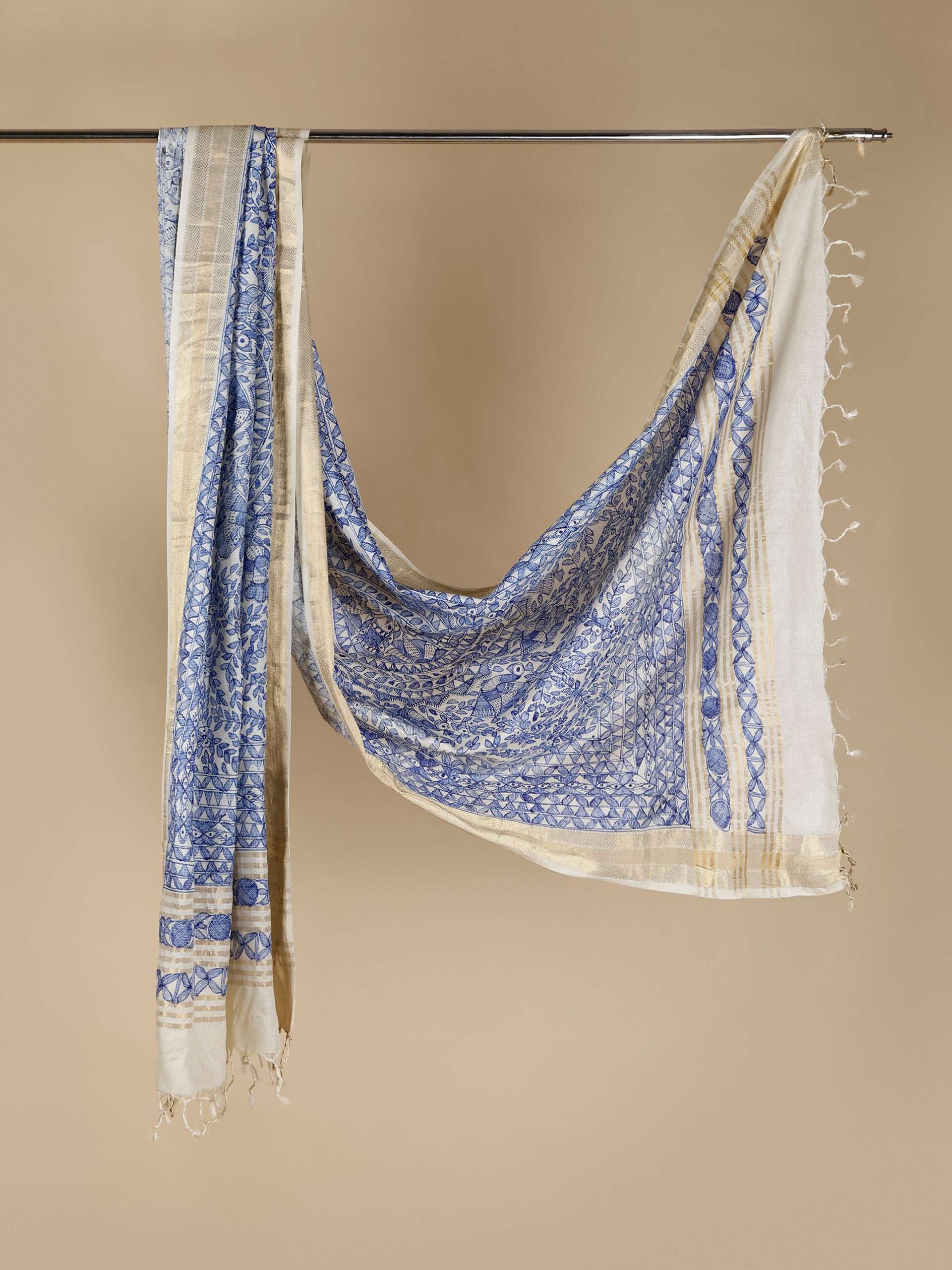 Beige Full Work Tussar Silk Hand-Painted Madhubani Dupatta - Image 3