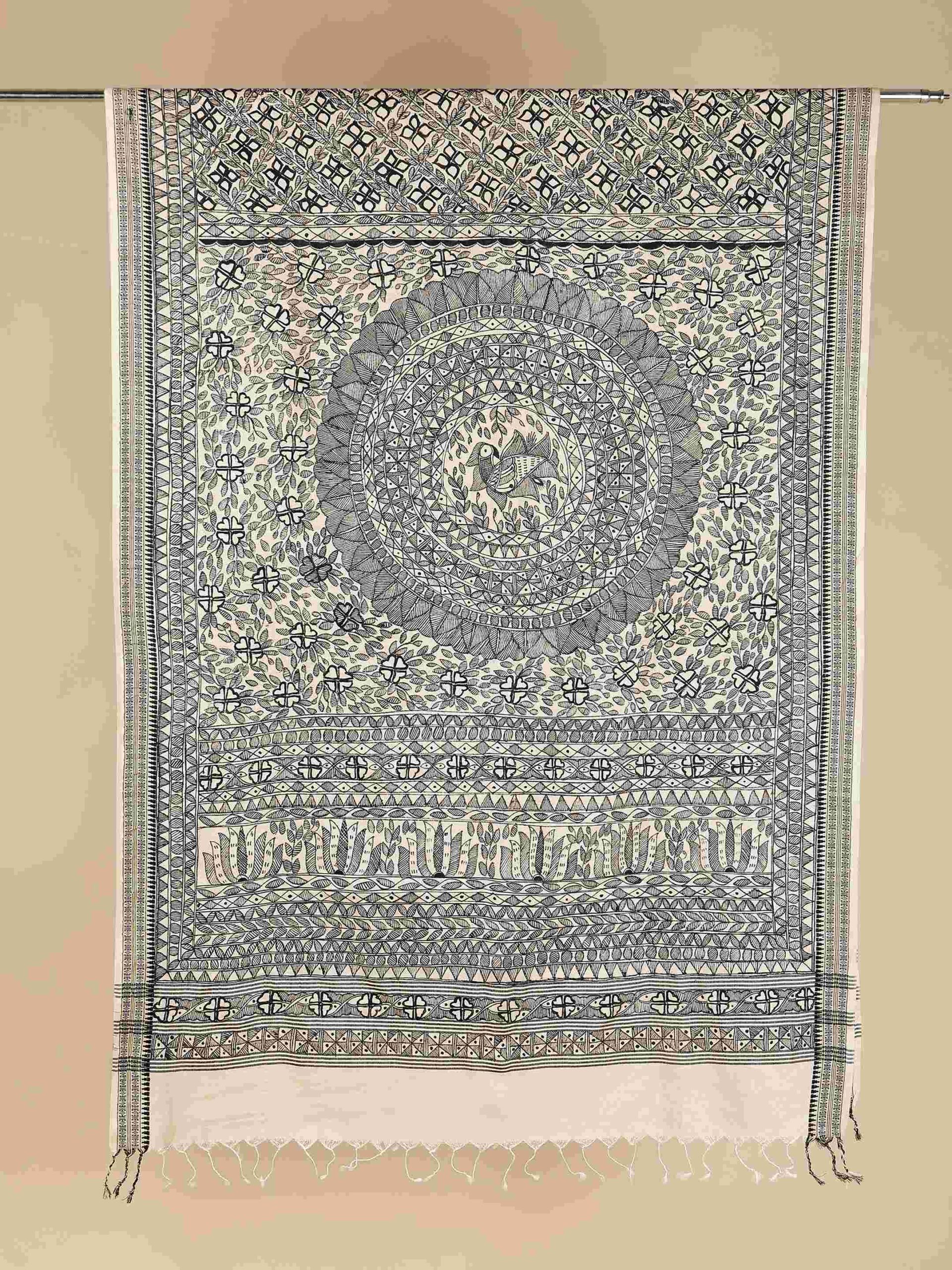 Beige Full Work Cotton Silk Hand-Painted Madhubani Dupatta