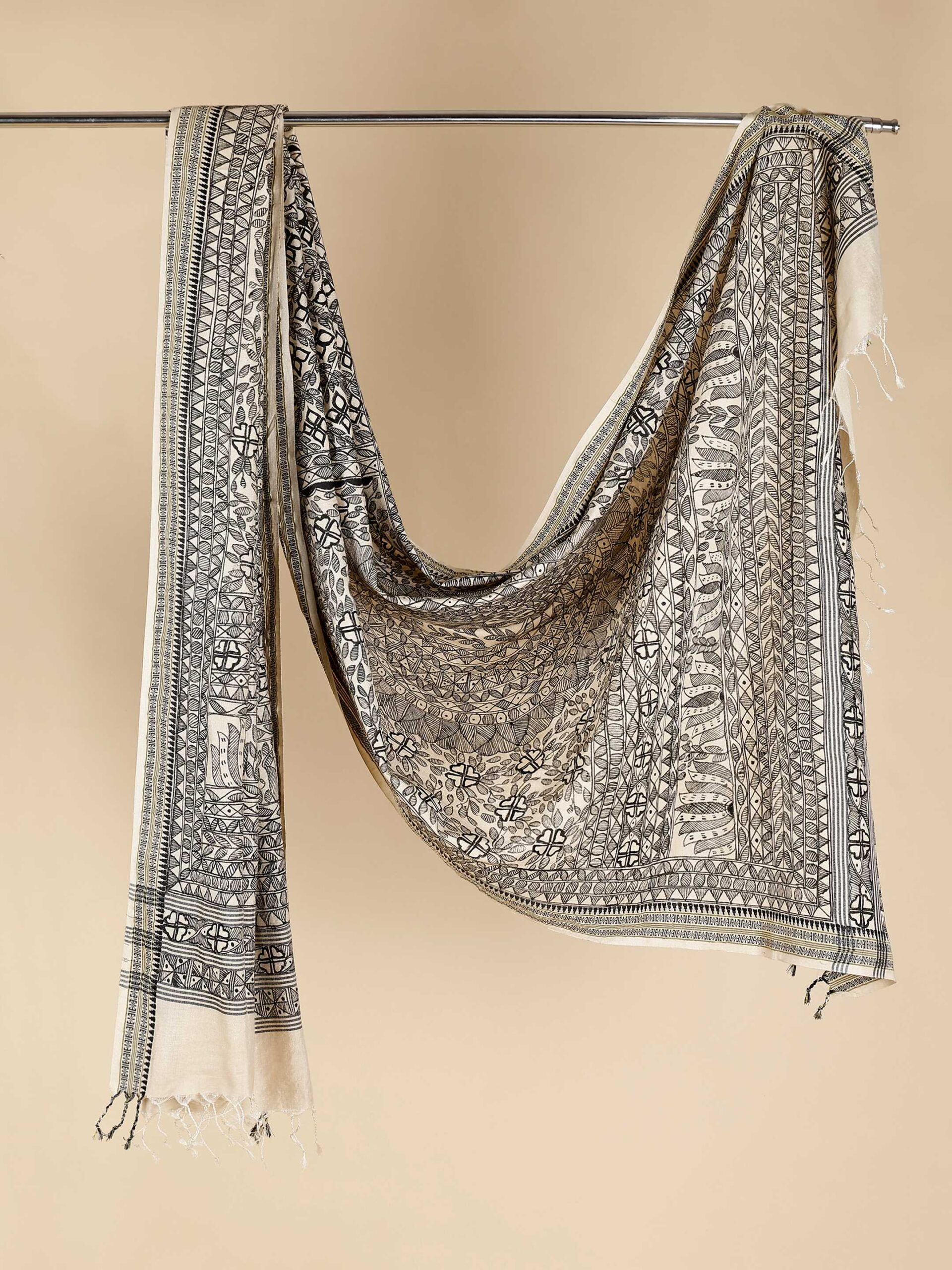 Beige Full Work Cotton Silk Hand-Painted Madhubani Dupatta - Image 3