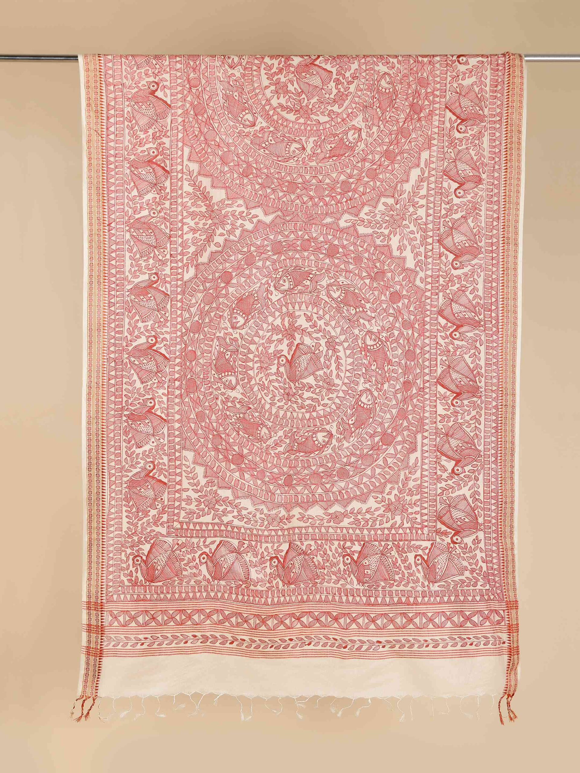 Beige Full Work Cotton Silk Hand-Painted Madhubani Dupatta