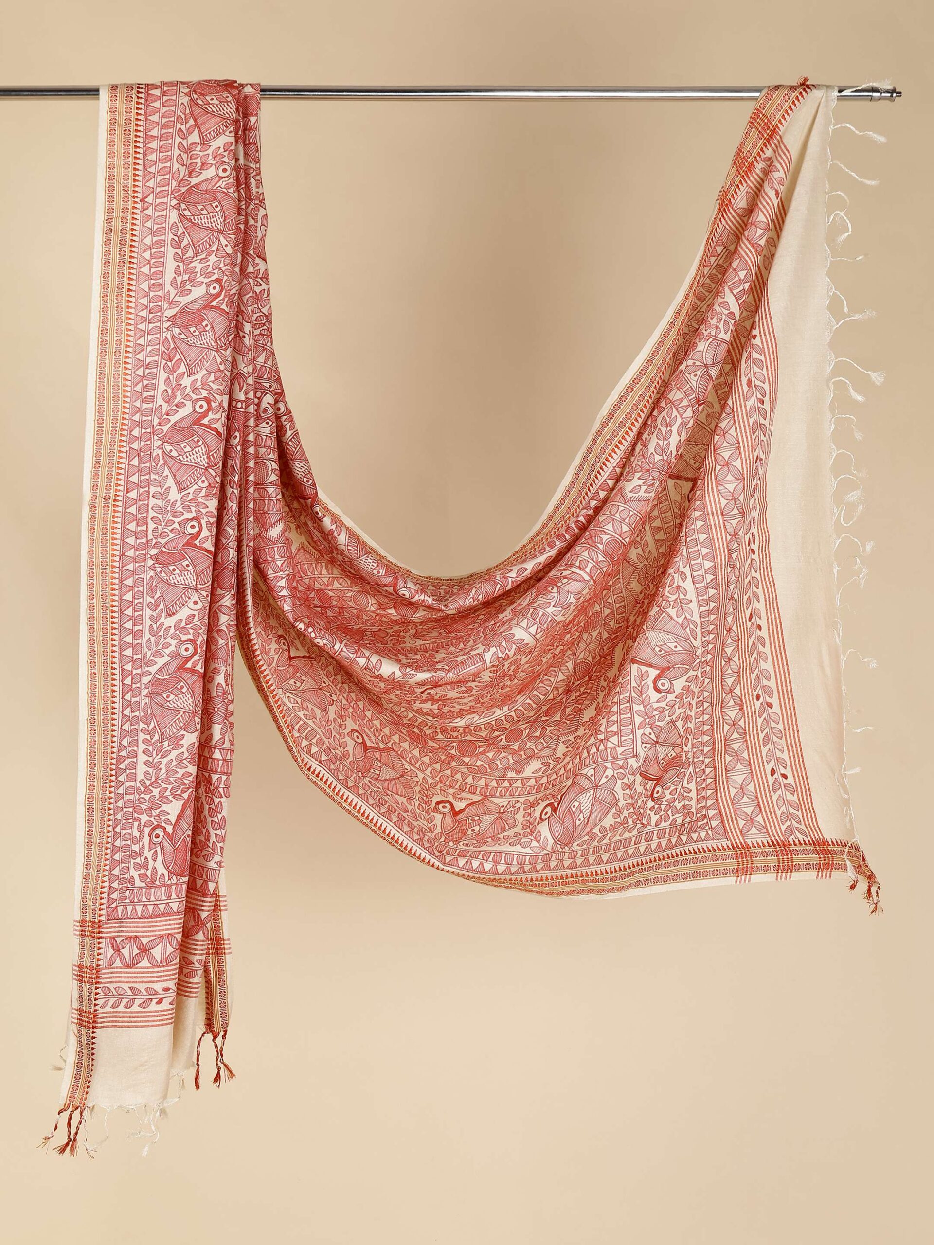 Beige Full Work Cotton Silk Hand-Painted Madhubani Dupatta - Image 3
