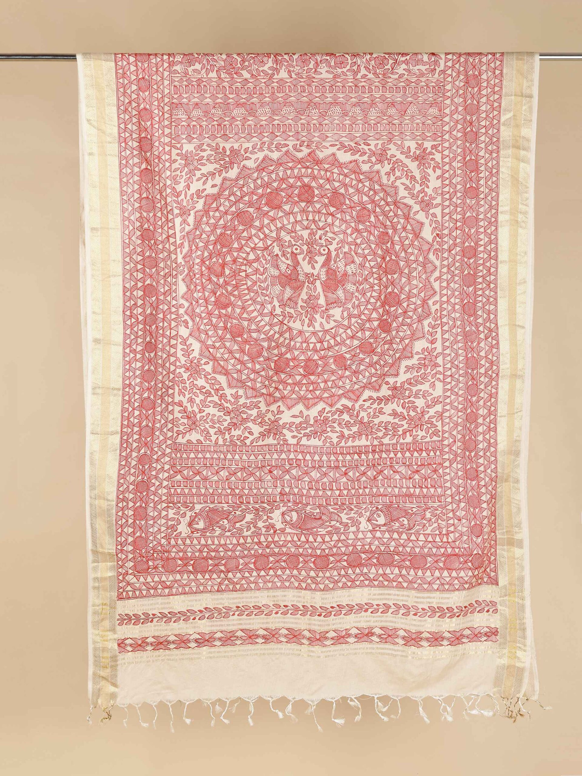 Beige Full Work Tussar Silk Hand-Painted Madhubani Dupatta