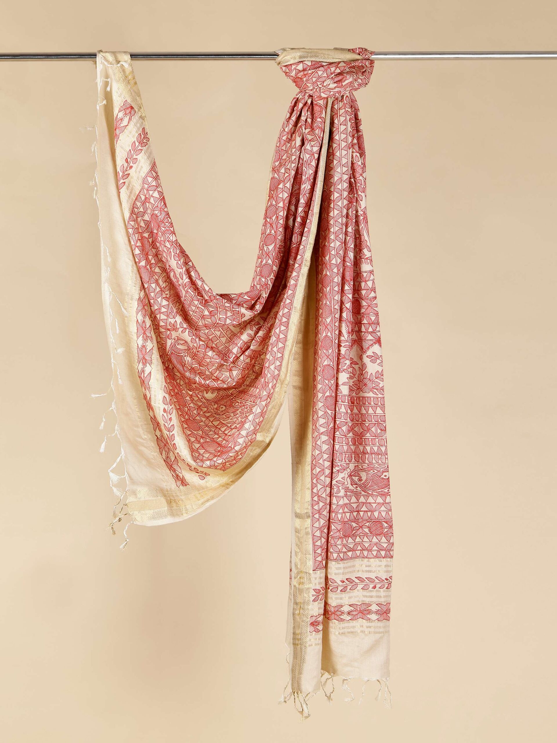 Beige Full Work Tussar Silk Hand-Painted Madhubani Dupatta - Image 3