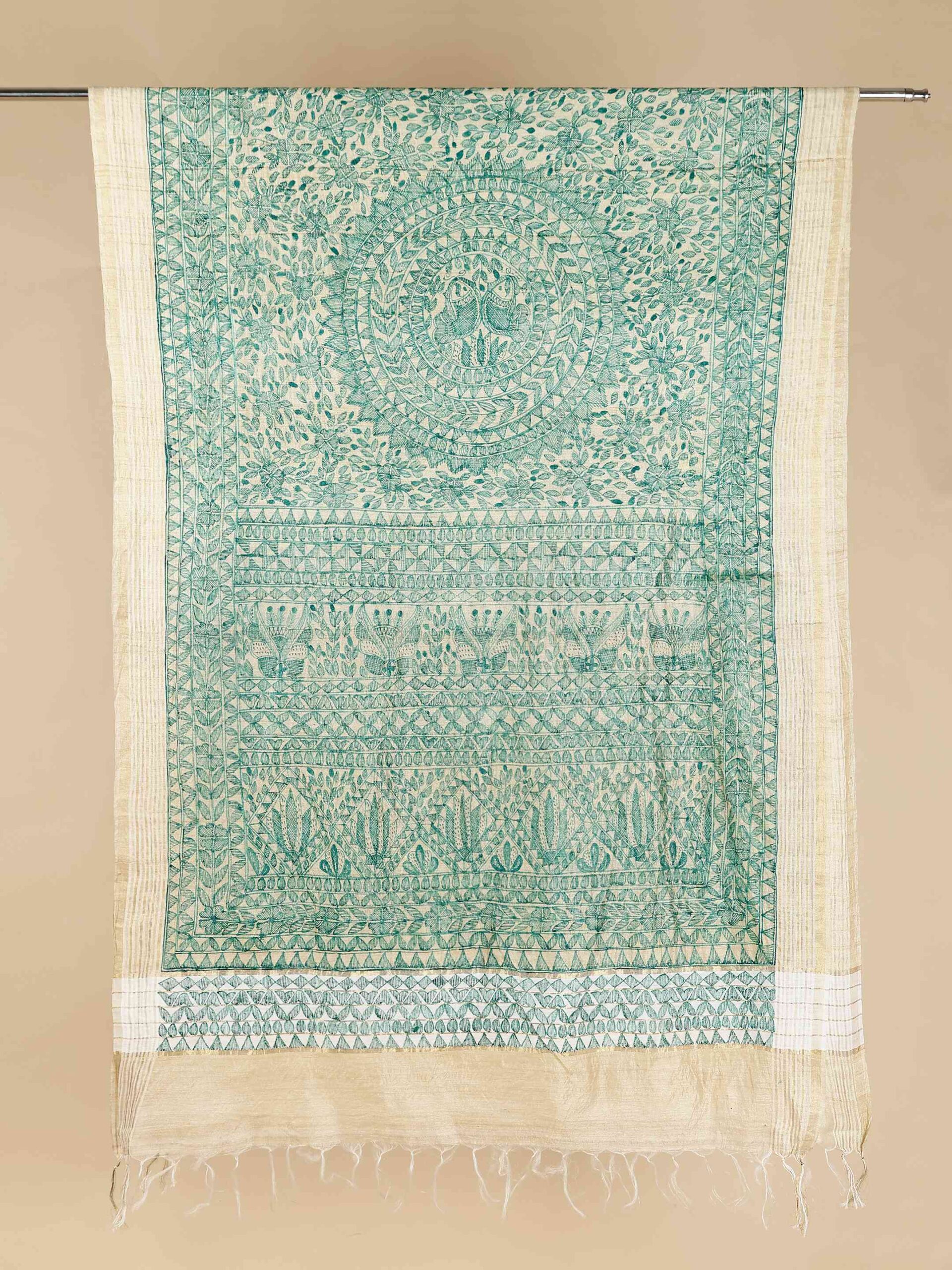 Beige Full Work Tussar Silk Hand-Painted Madhubani Dupatta