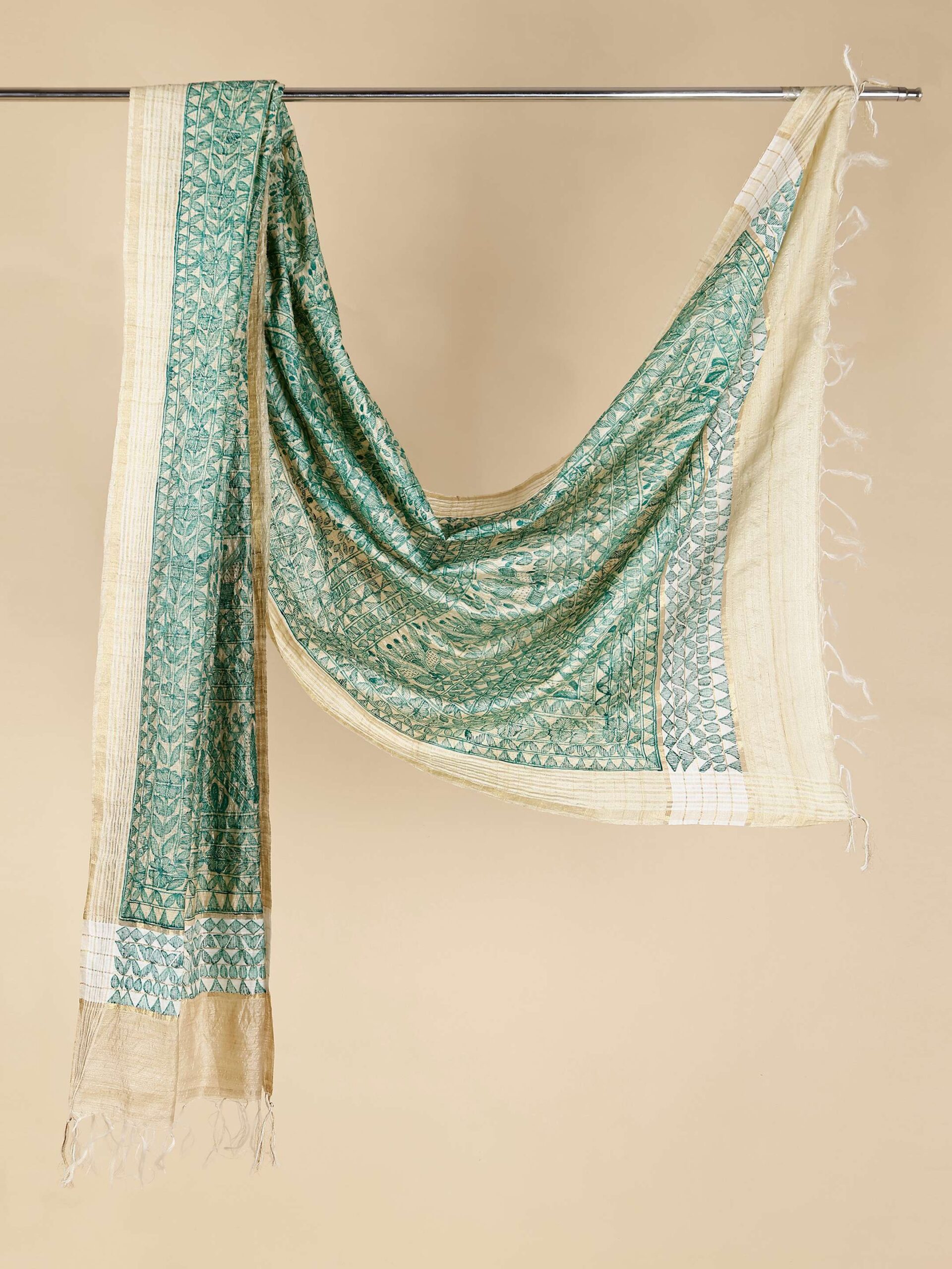 Beige Full Work Tussar Silk Hand-Painted Madhubani Dupatta - Image 3