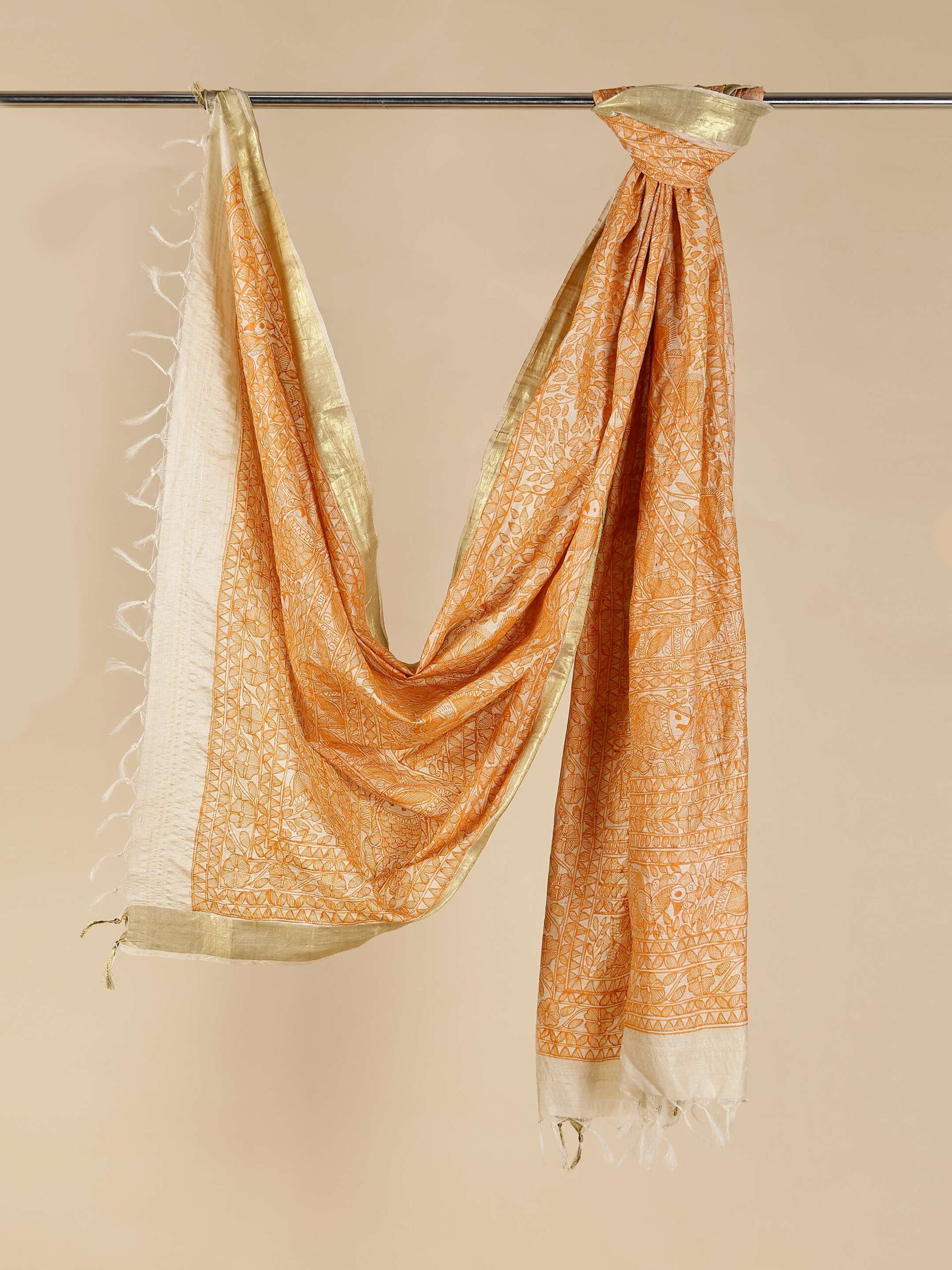 Beige Full Work Tussar Silk Hand-Painted Madhubani Dupatta - Image 6