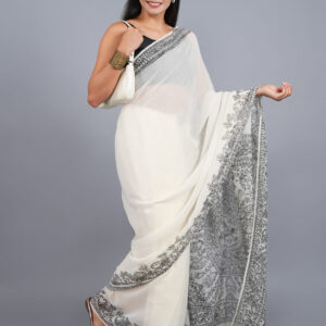 OFF WHITE MADHUBANI BLACK WORK CHIFFON SAREE