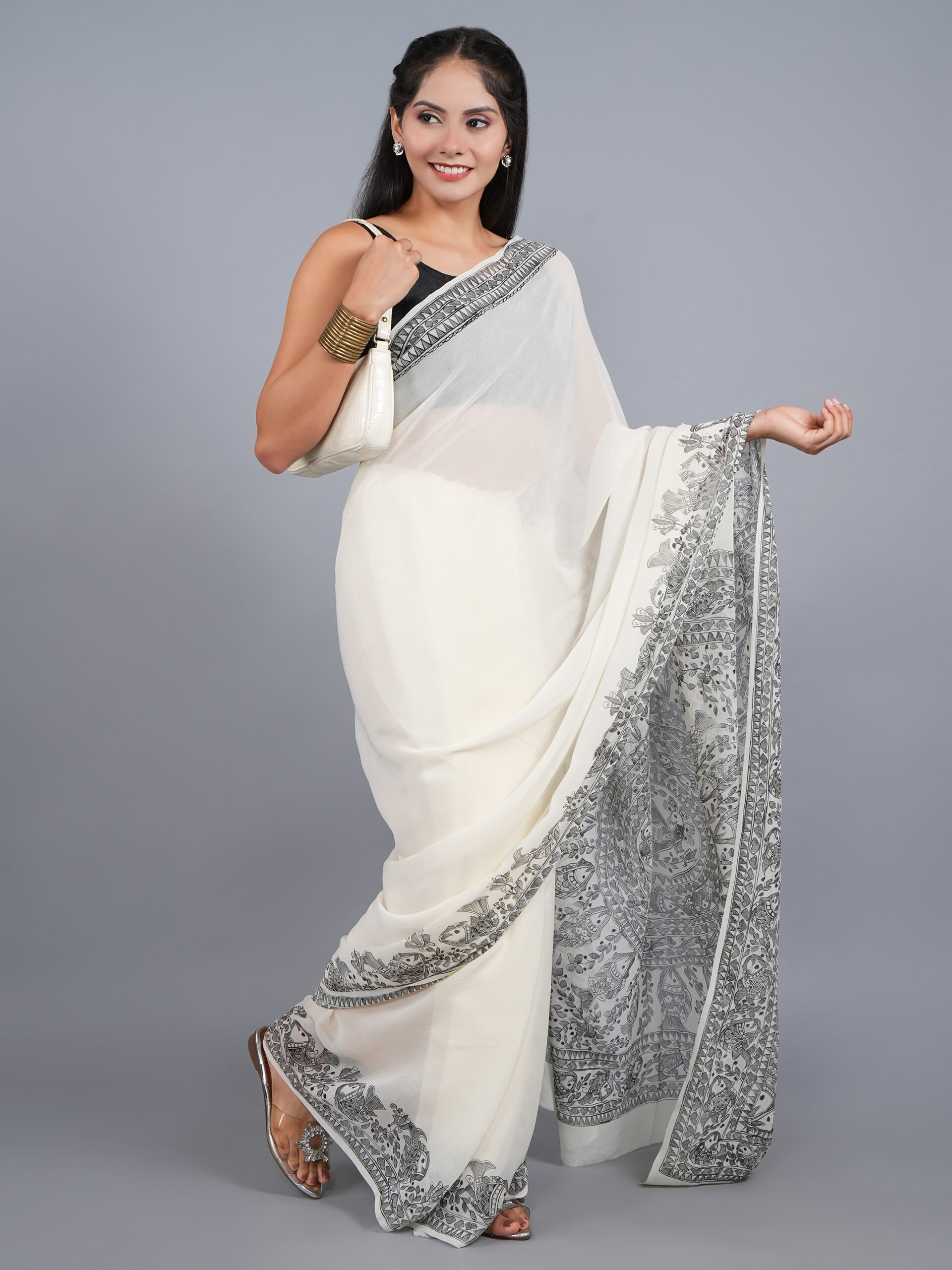 OFF WHITE MADHUBANI BLACK WORK CHIFFON SAREE