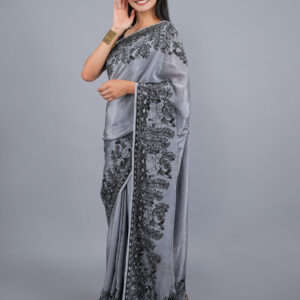 GREY COLOR MADHUBANI BLACK WORK CREPE SILK SAREE