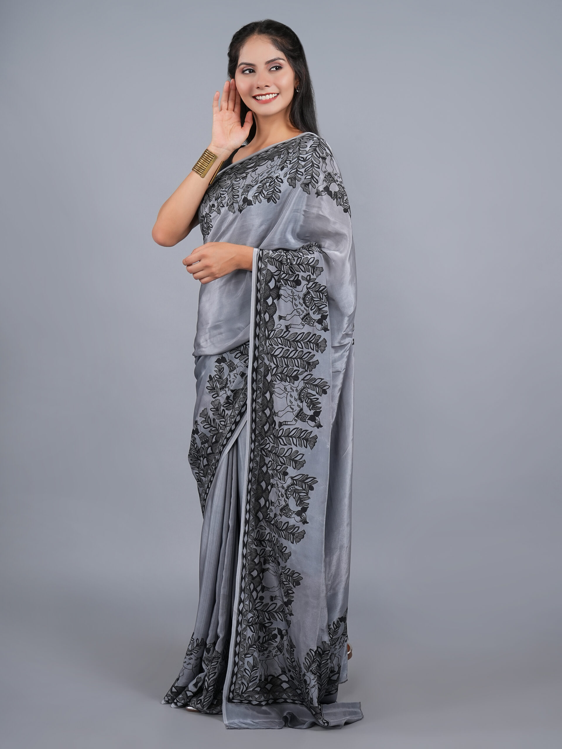 GREY COLOR MADHUBANI BLACK WORK CREPE SILK SAREE