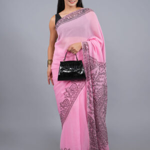 PINK MADHUBANI BLACK WORK CHIFFON SAREE